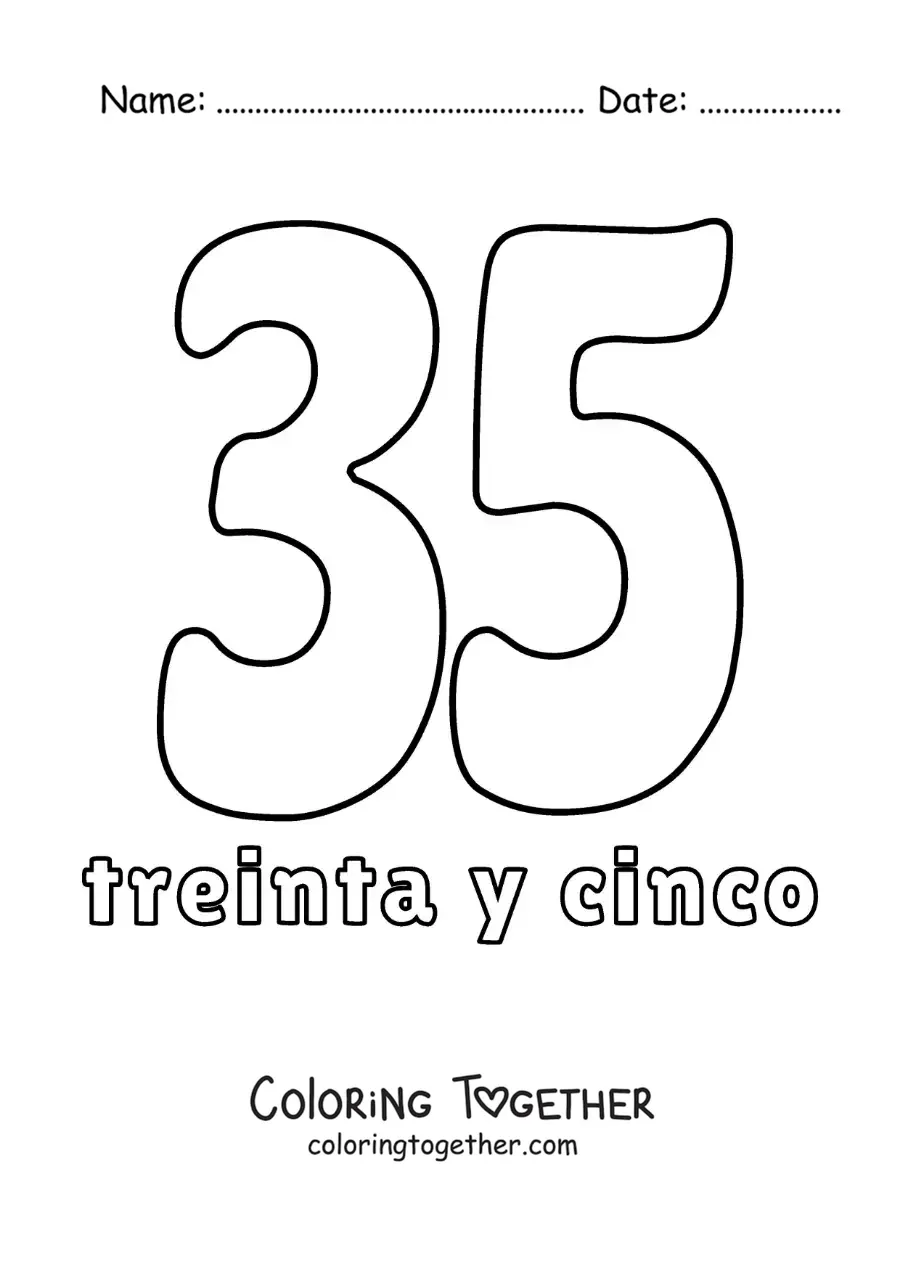 Coloring page of a number 35 flashcard to learn natural numbers