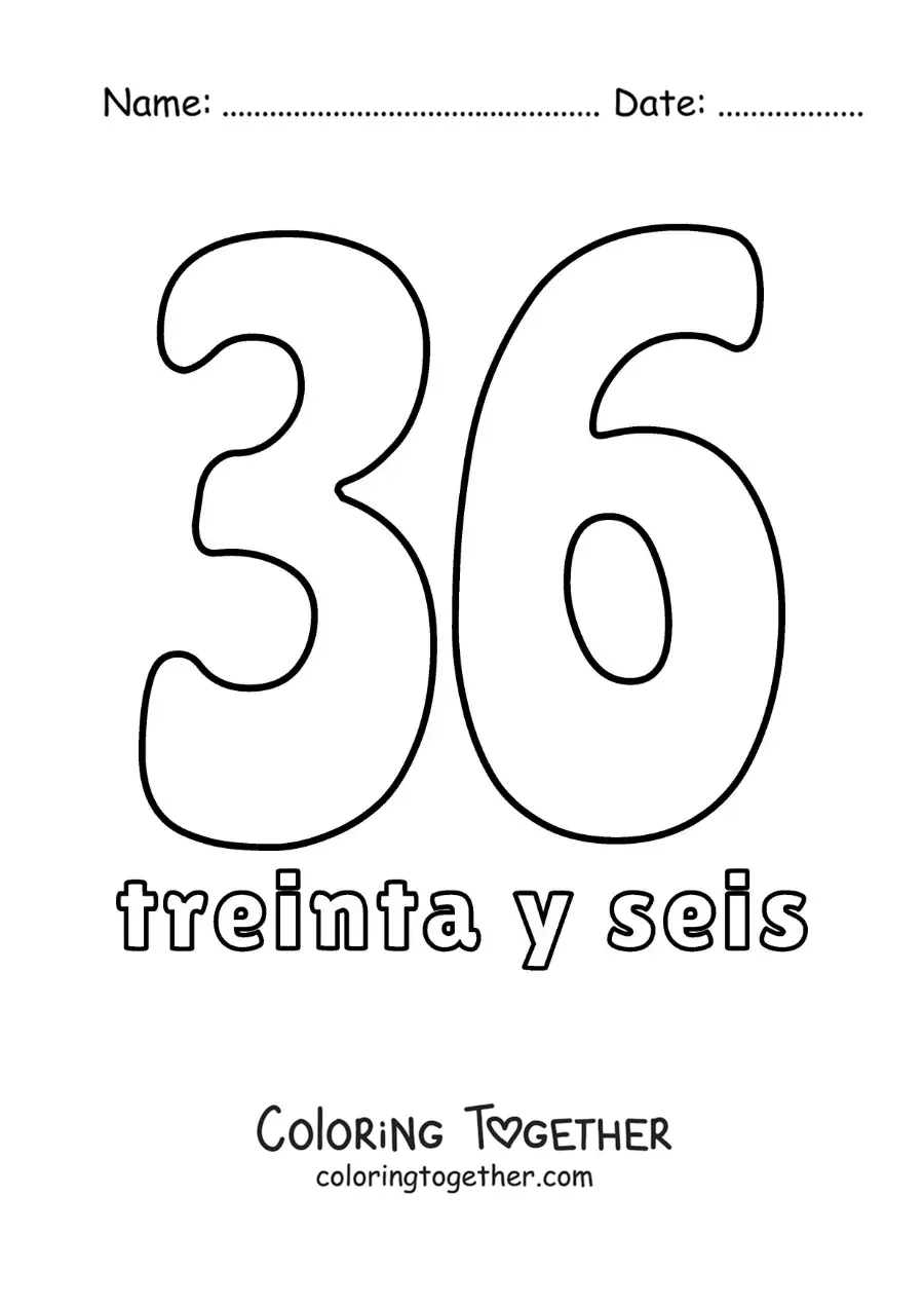 Coloring page of a number 36 flashcard to learn natural numbers
