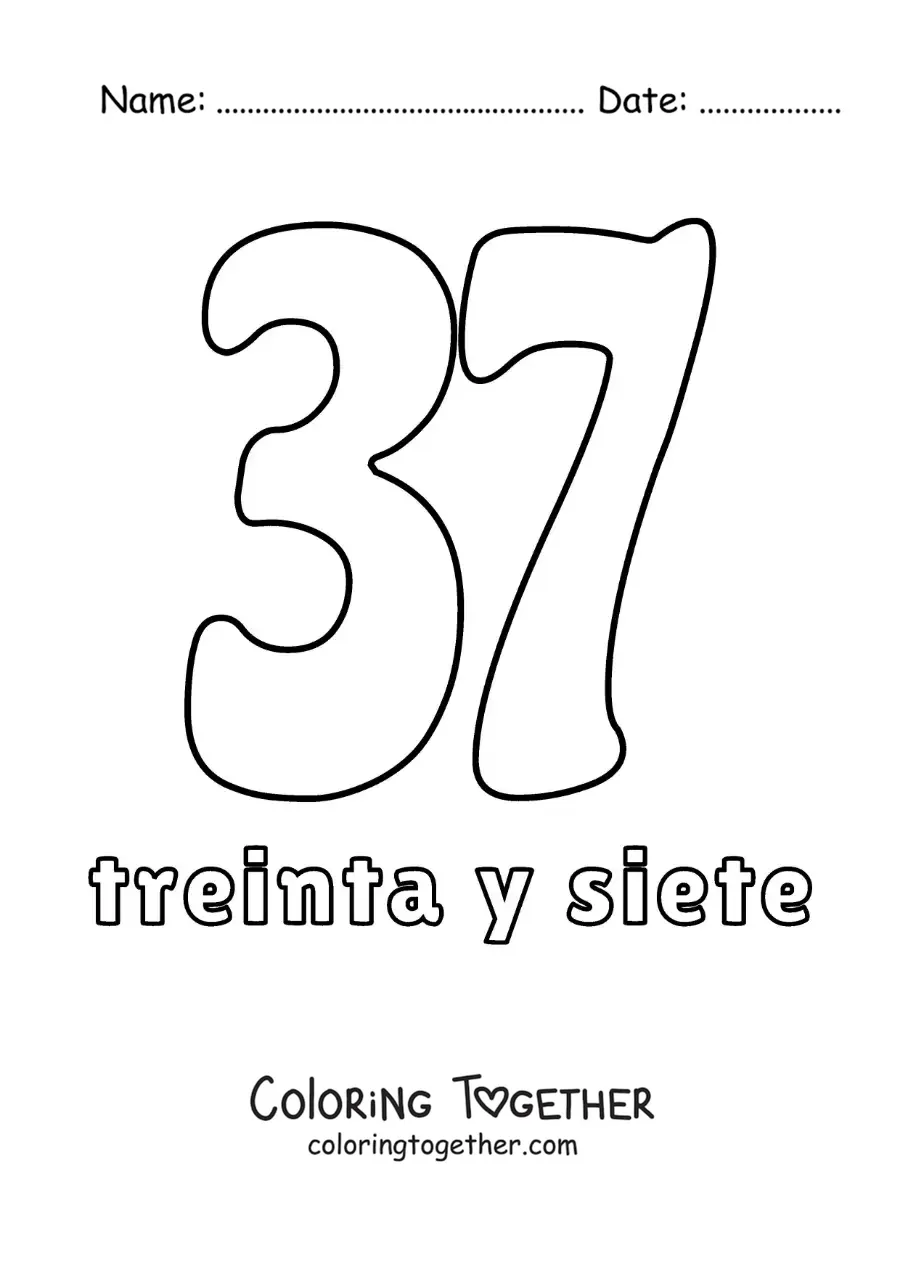 Coloring page of a number 37 flashcard to learn natural numbers