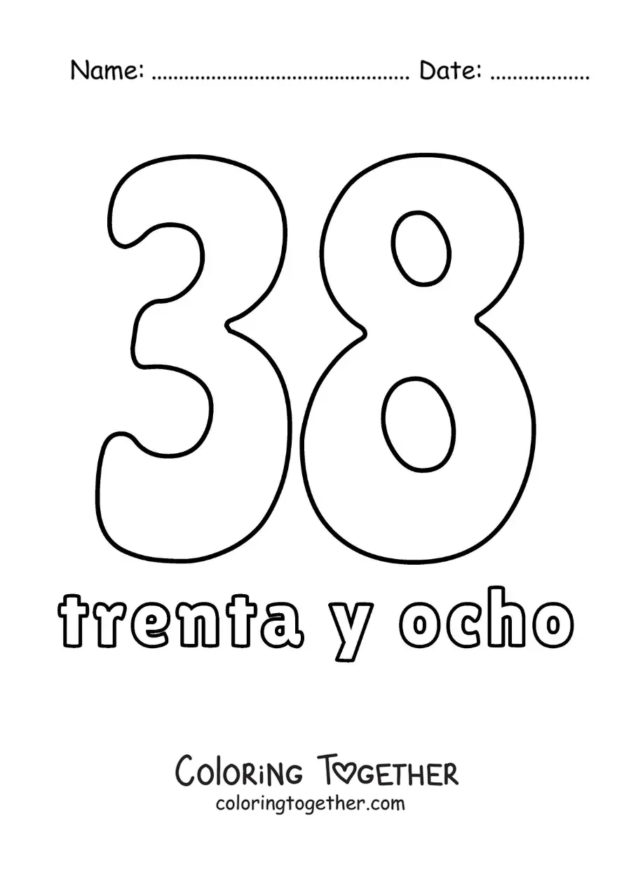 Coloring page of a number 38 flashcard to learn natural numbers
