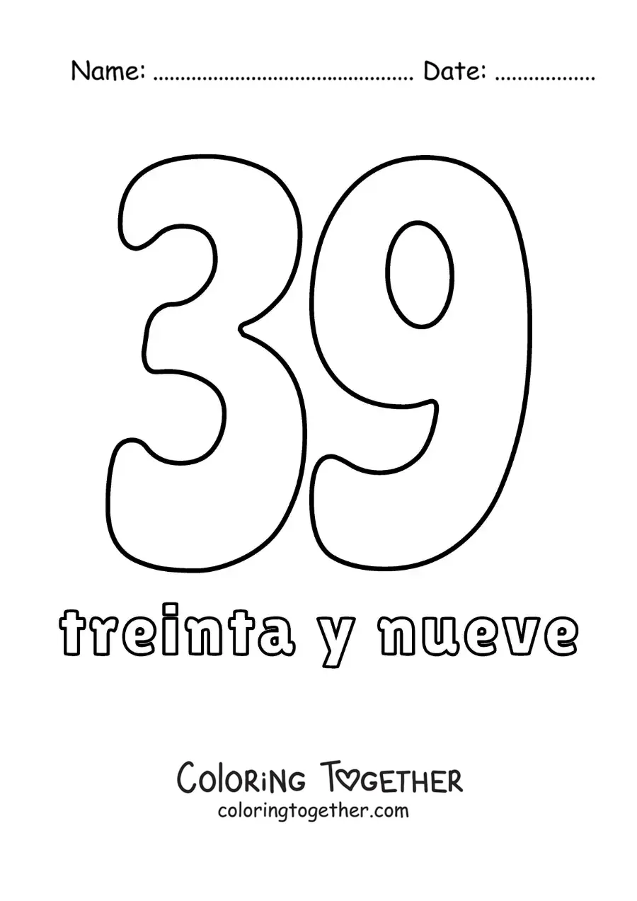 Coloring page of a number 39 flashcard to learn natural numbers