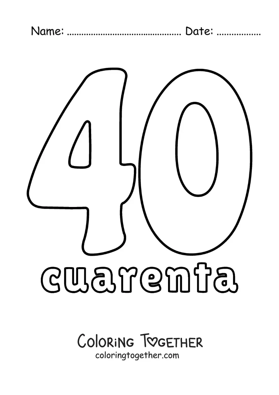 Coloring page of a number 40 flashcard to learn natural numbers