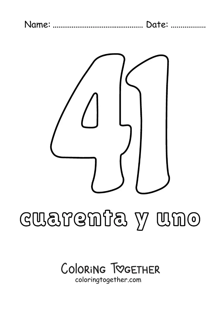 Coloring page of a number 41 flashcard to learn natural numbers