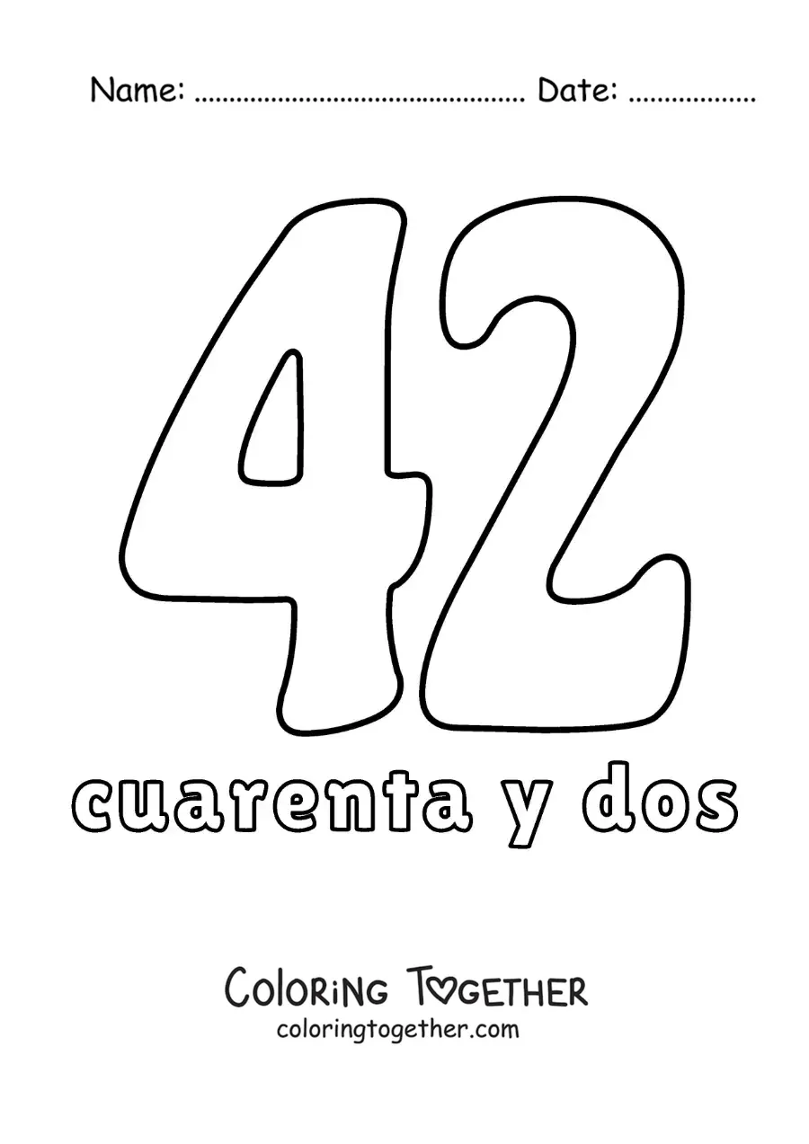 Coloring page of a number 42 flashcard to learn natural numbers