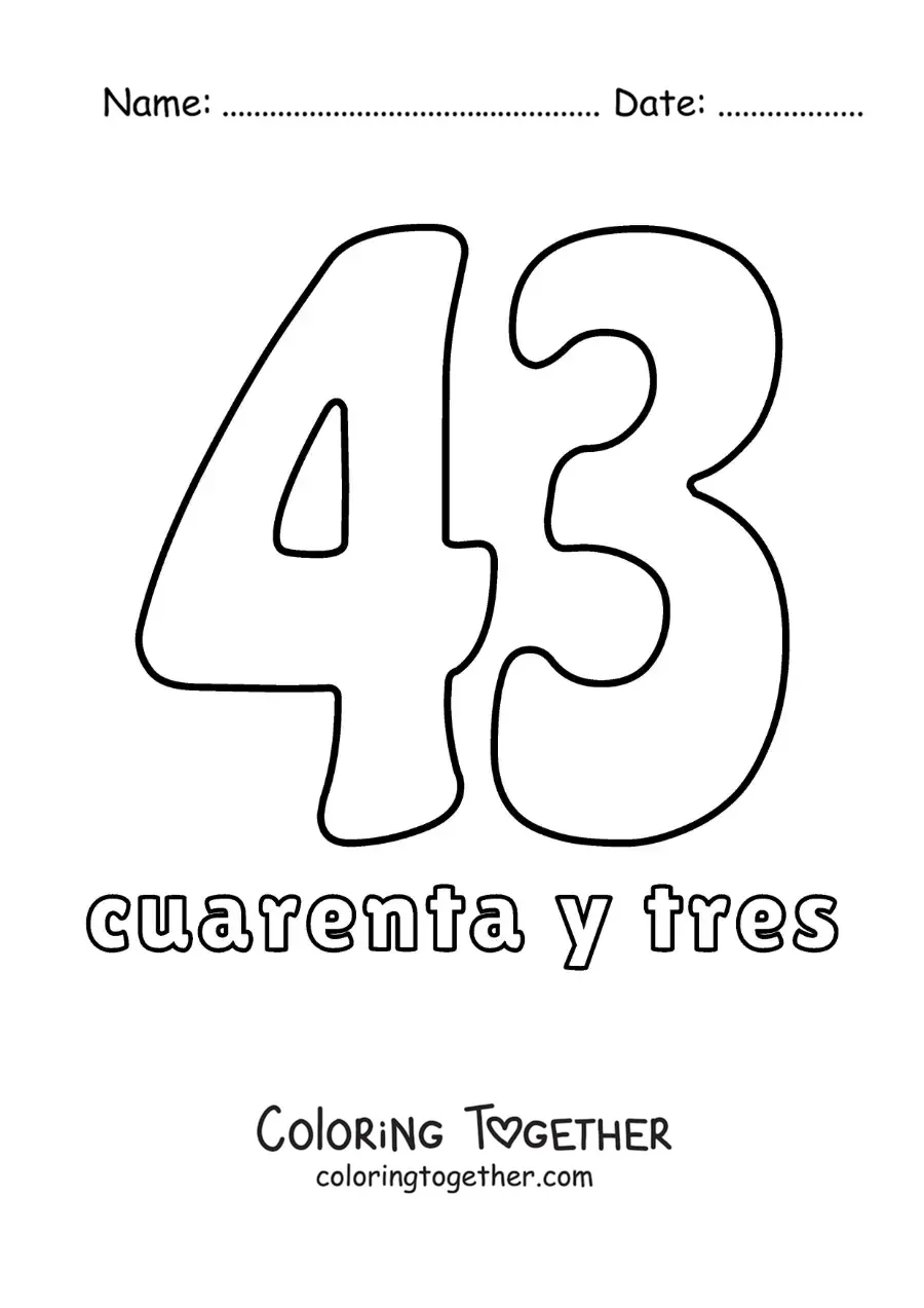 Coloring page of a number 43 flashcard to learn natural numbers