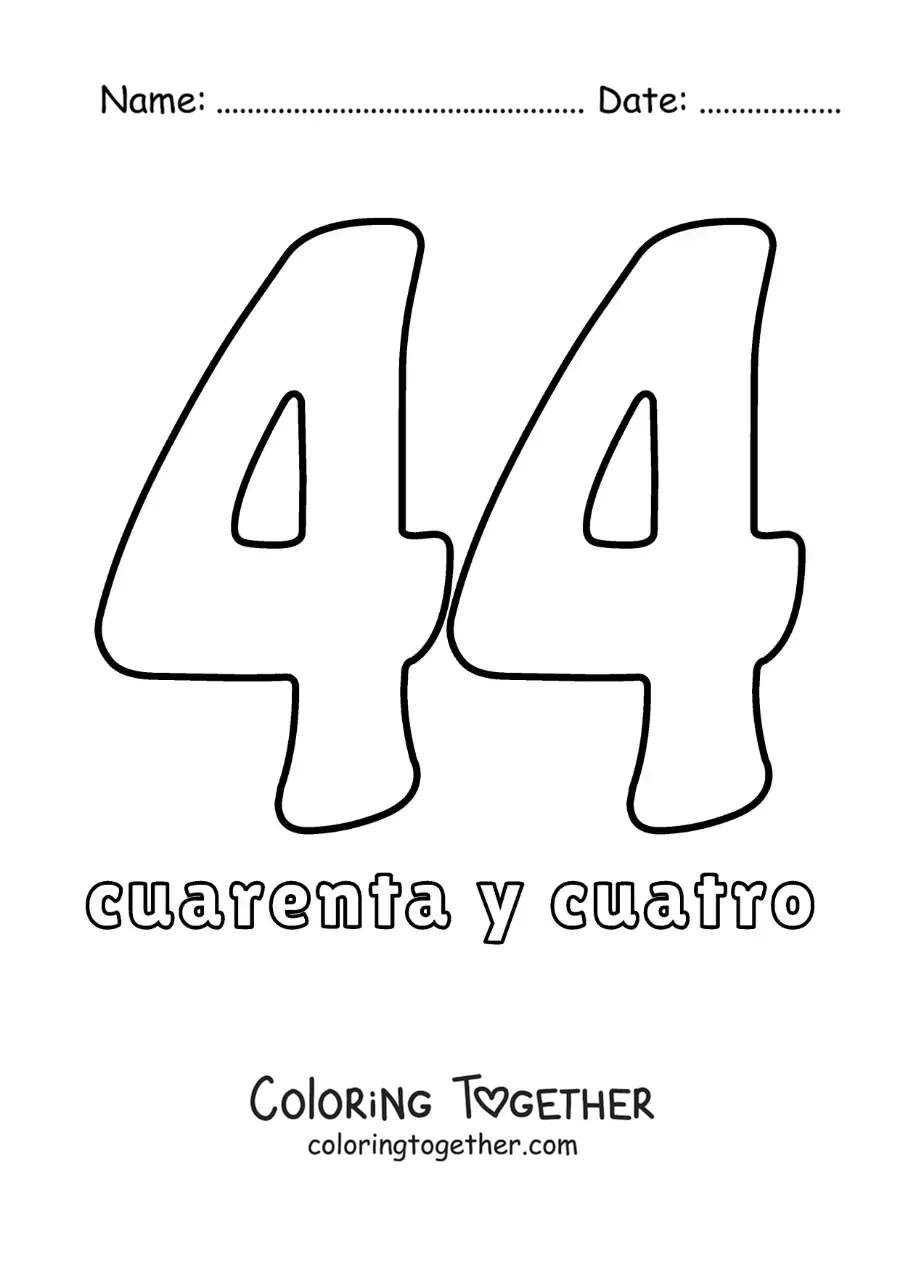 Coloring page of a number 44 flashcard to learn natural numbers