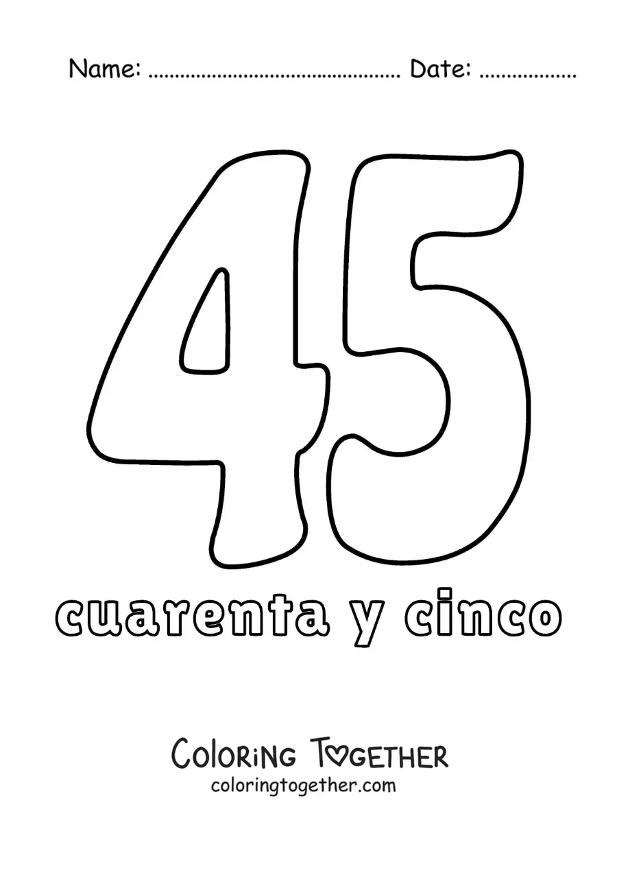 Coloring page of a number 45 flashcard to learn natural numbers