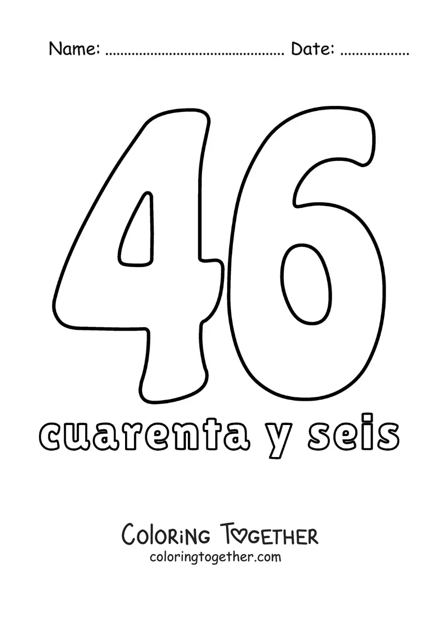 Coloring page of a number 46 flashcard to learn natural numbers