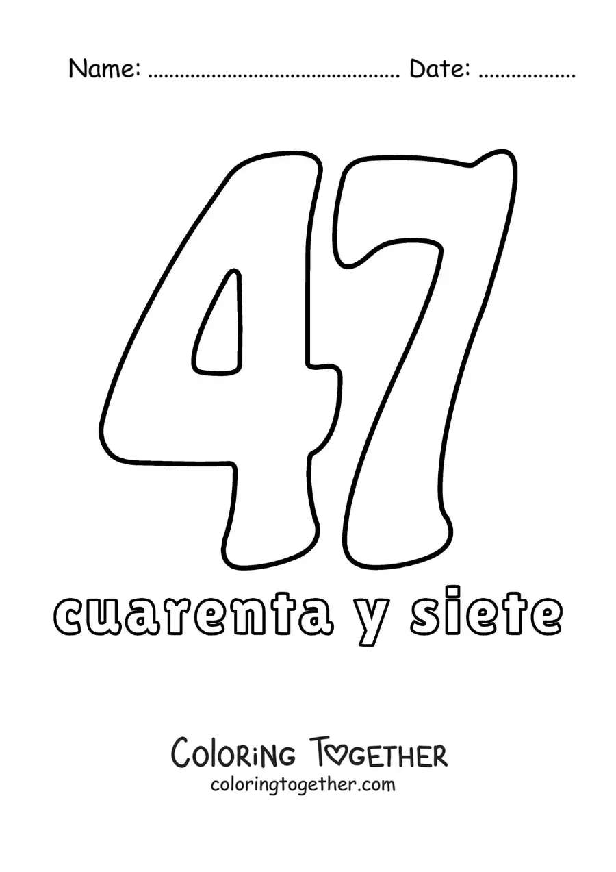 Coloring page of a number 47 flashcard to learn natural numbers