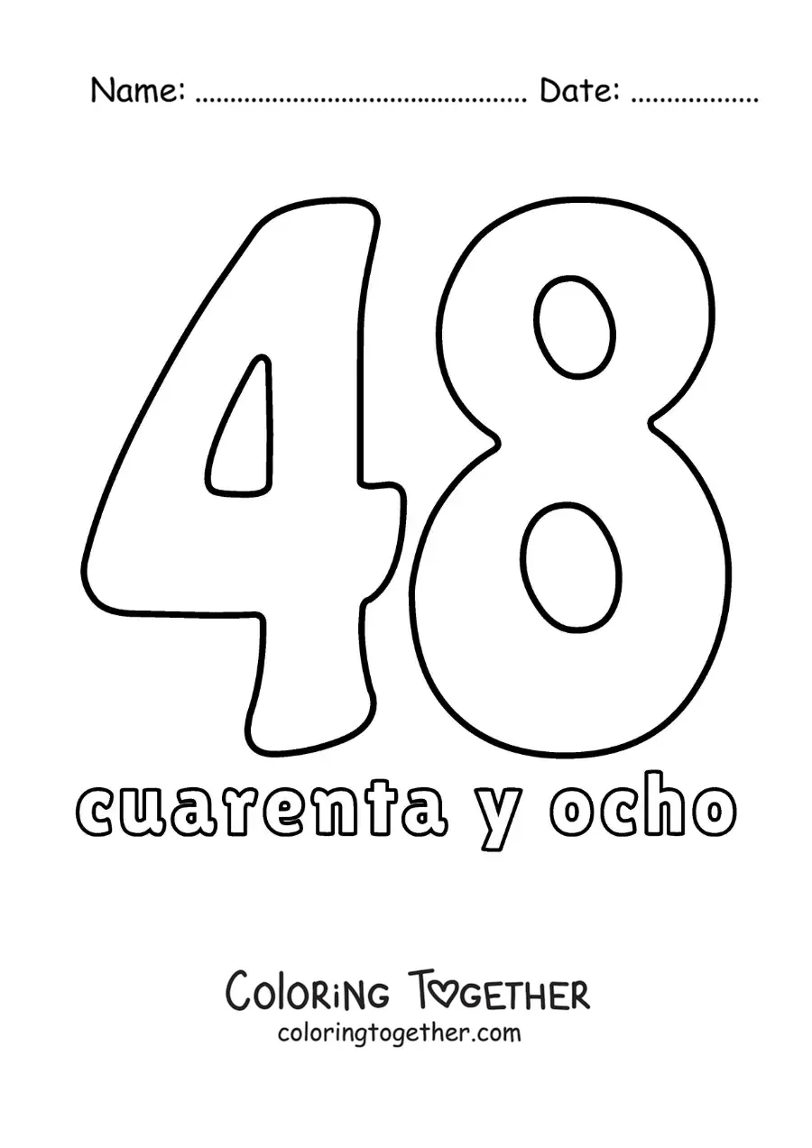 Coloring page of a number 48 flashcard to learn natural numbers