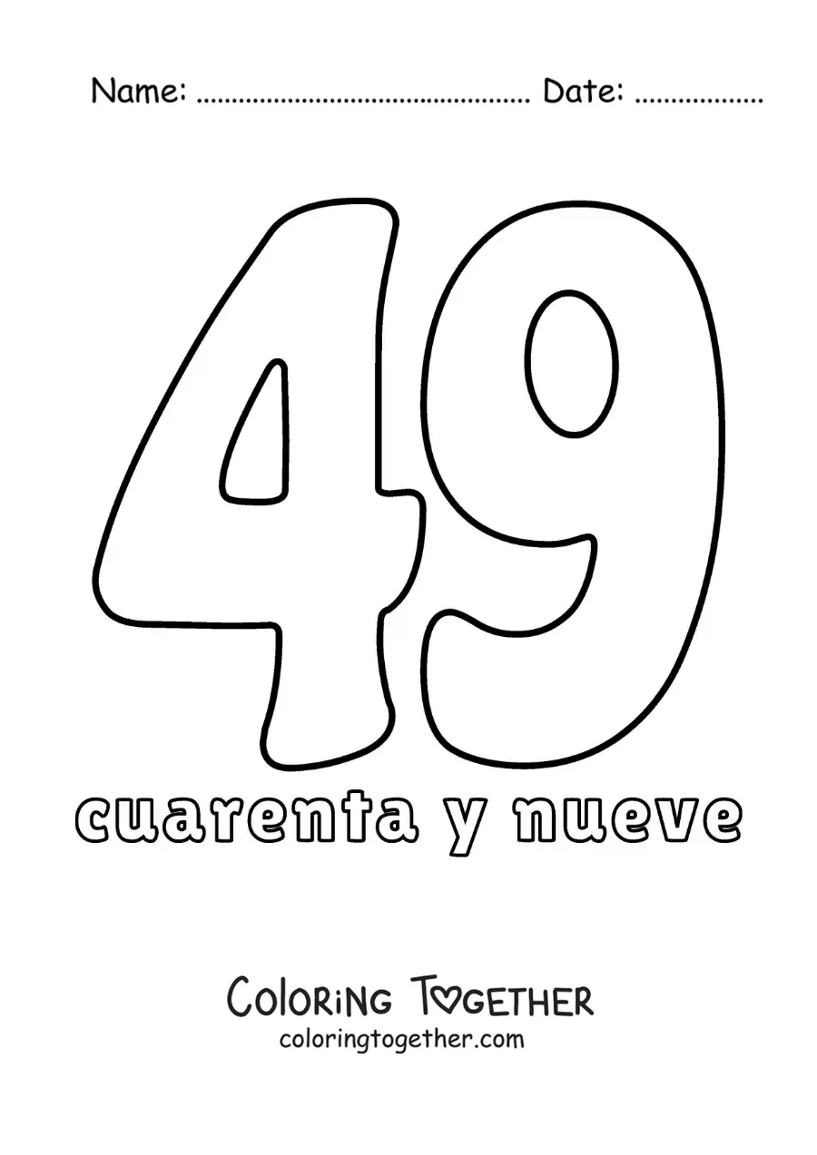 Coloring page of a number 49 flashcard to learn natural numbers