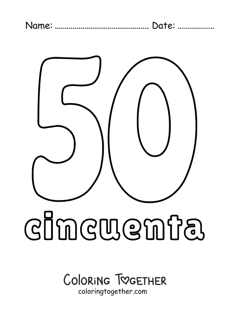 Coloring page of a number 50 flashcard to learn natural numbers