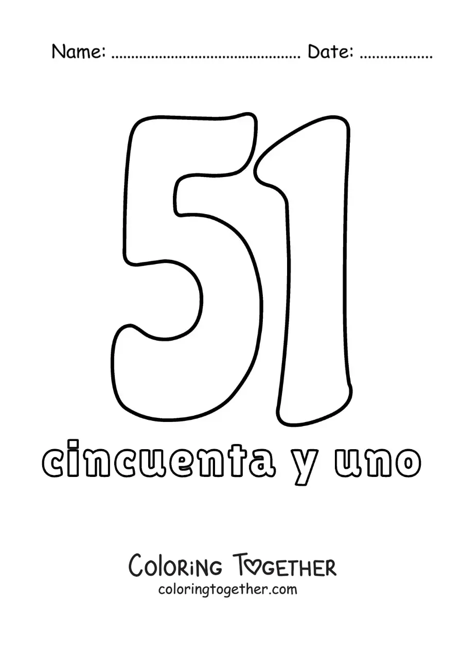 Coloring page of a number 51 flashcard to learn natural numbers