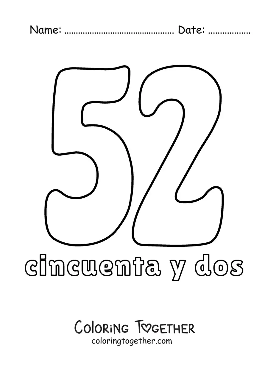 Coloring page of a number 52 flashcard to learn natural numbers