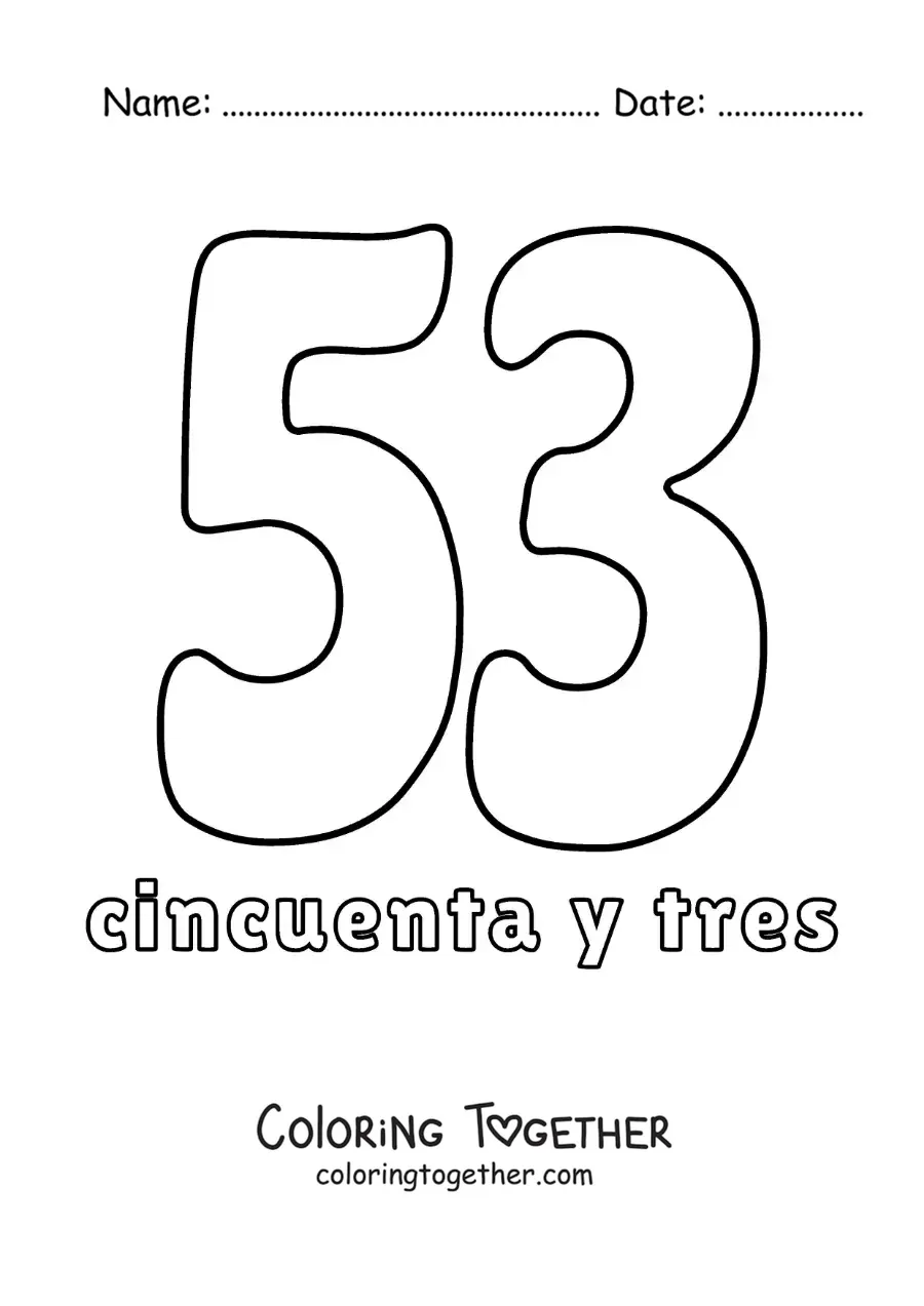Coloring page of a number 53 flashcard to learn natural numbers