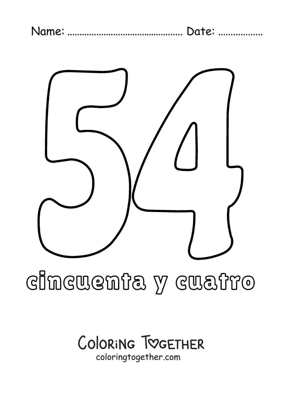 Coloring page of a number 54 flashcard to learn natural numbers