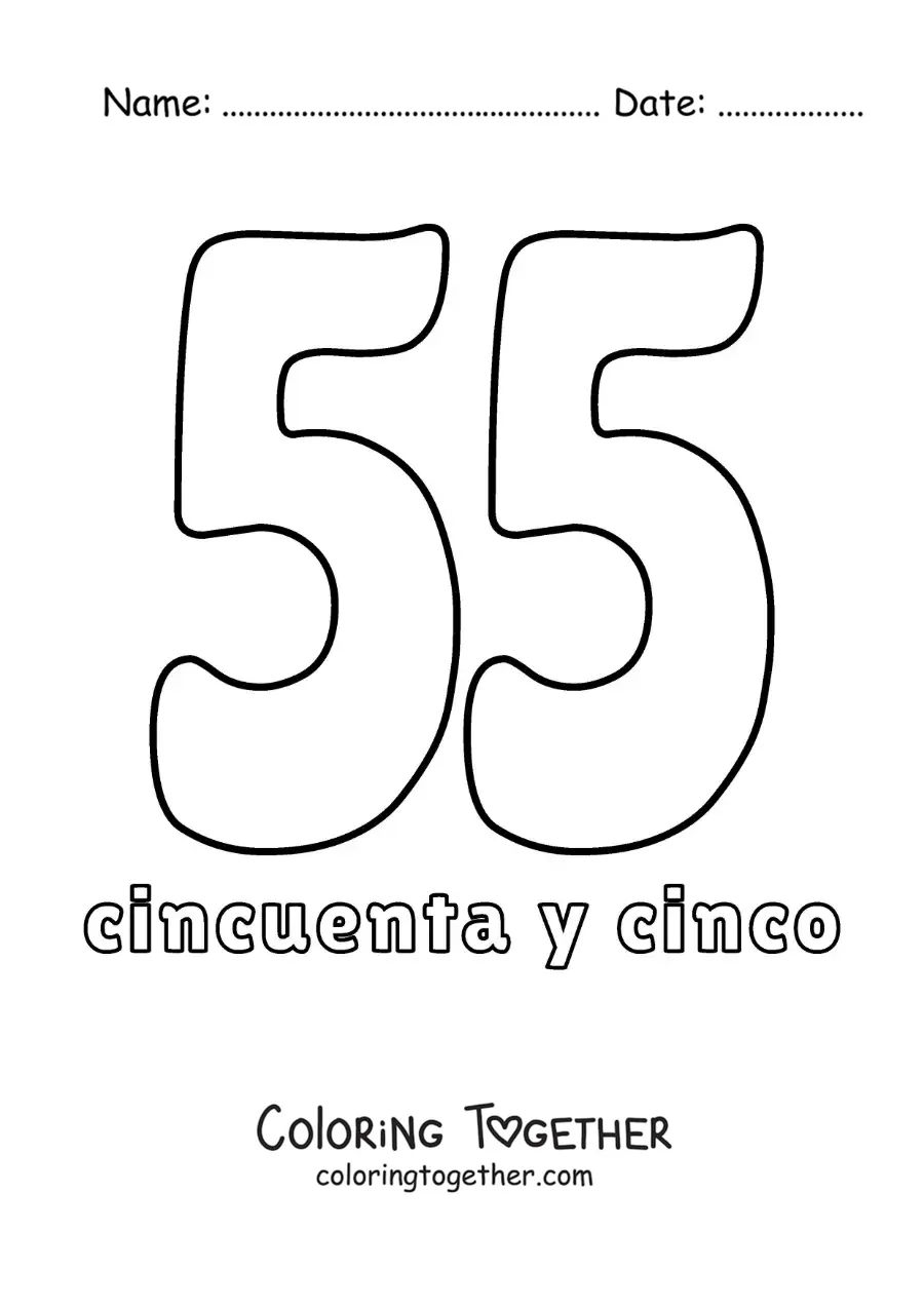 Coloring page of a number 55 flashcard to learn natural numbers