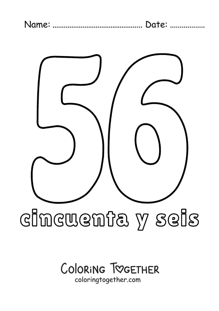 Coloring page of a number 56 flashcard to learn natural numbers