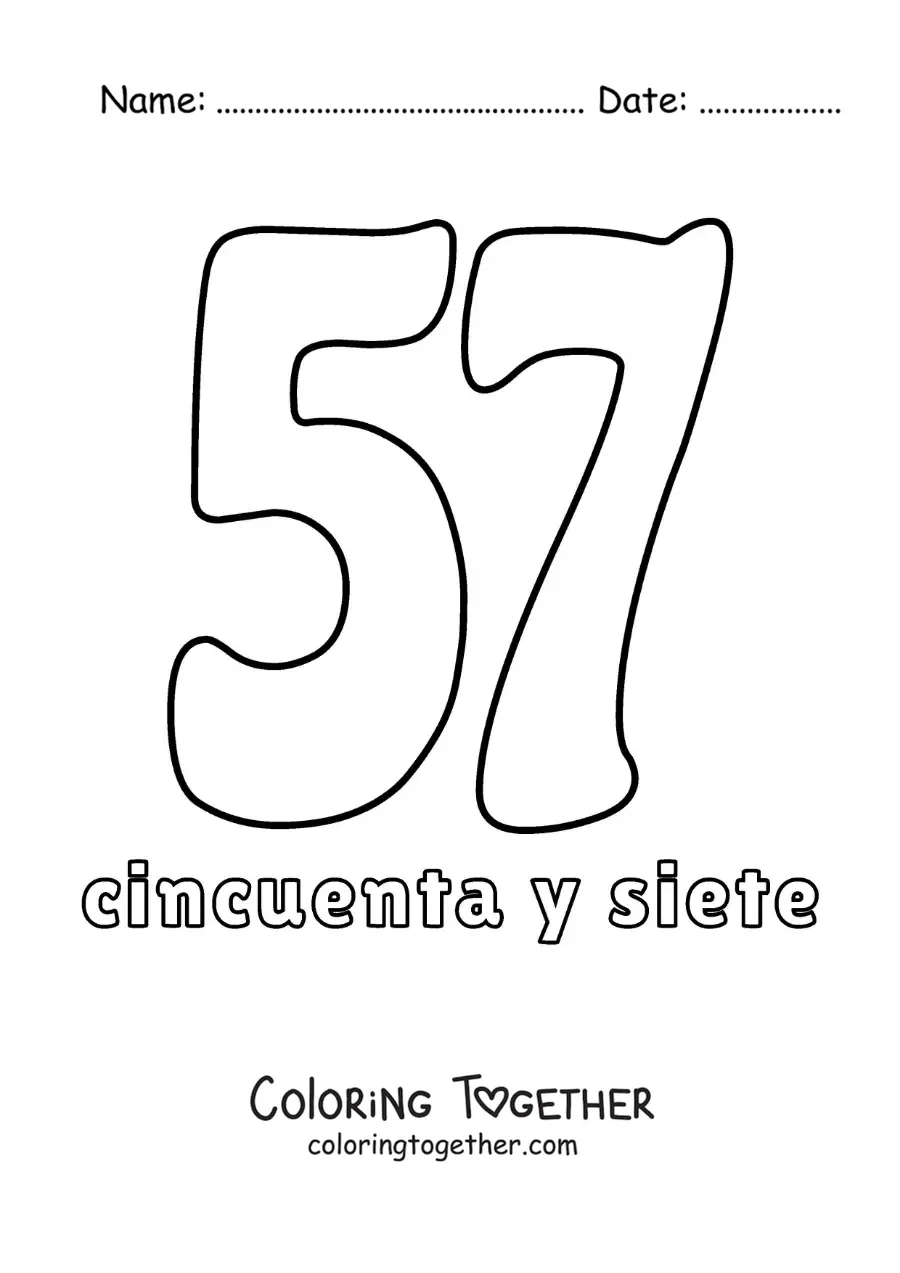 Coloring page of a number 57 flashcard to learn natural numbers