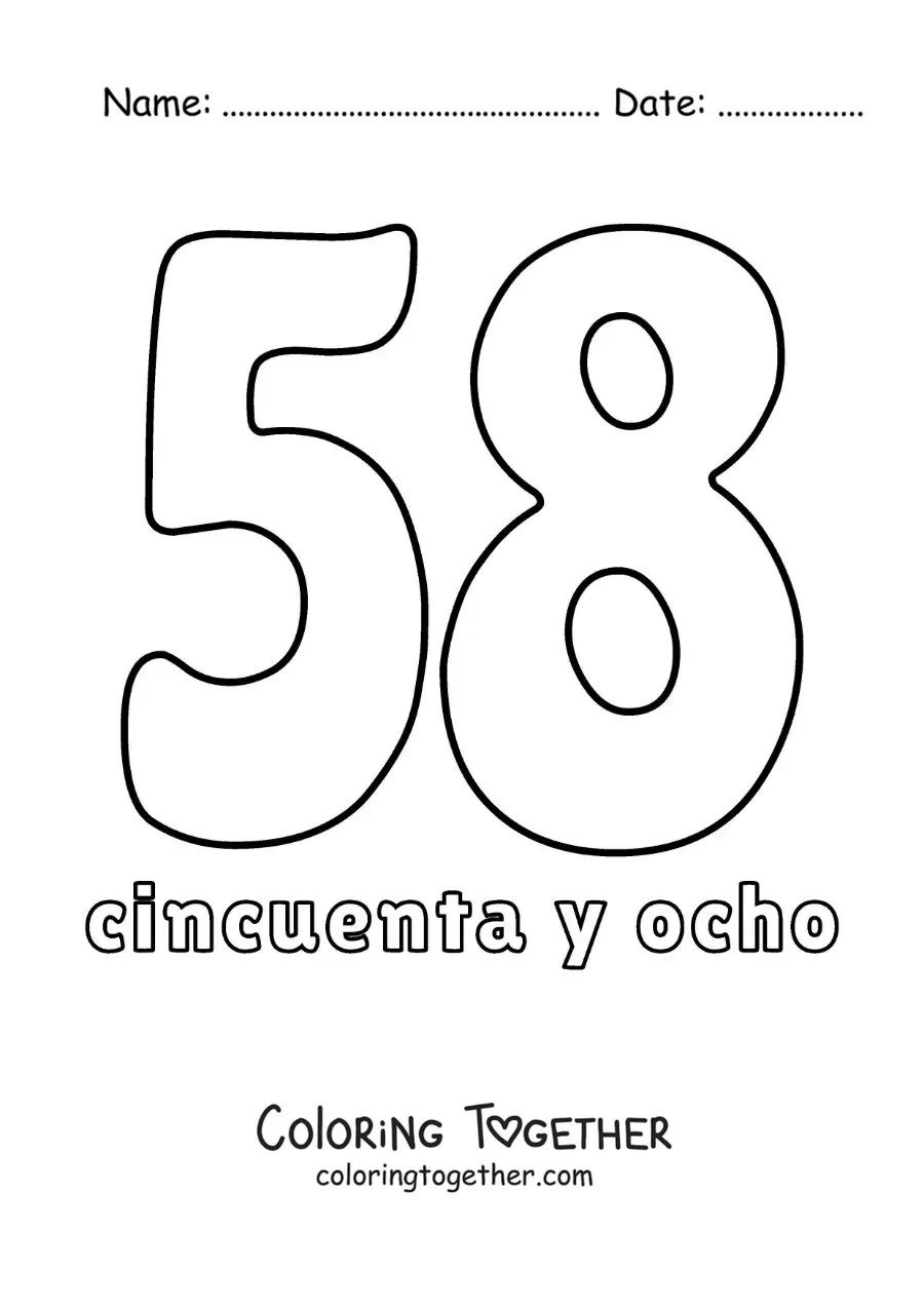 Coloring page of a number 58 flashcard to learn natural numbers