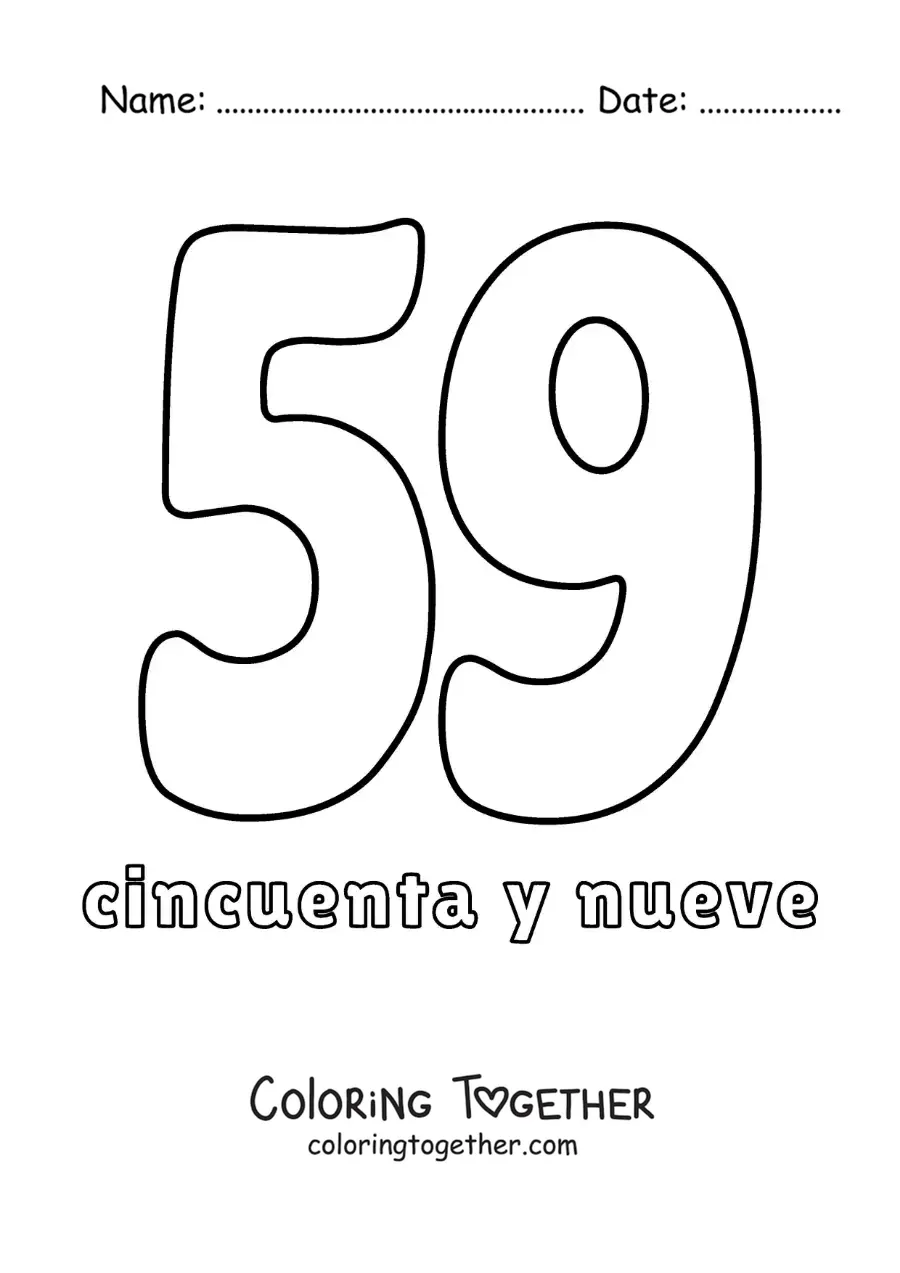 Coloring page of a number 59 flashcard to learn natural numbers