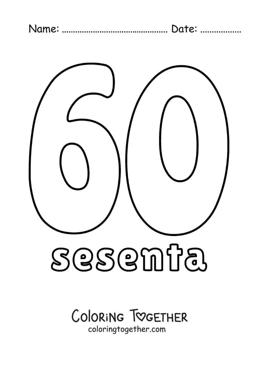 Coloring page of a number 60 flashcard to learn natural numbers
