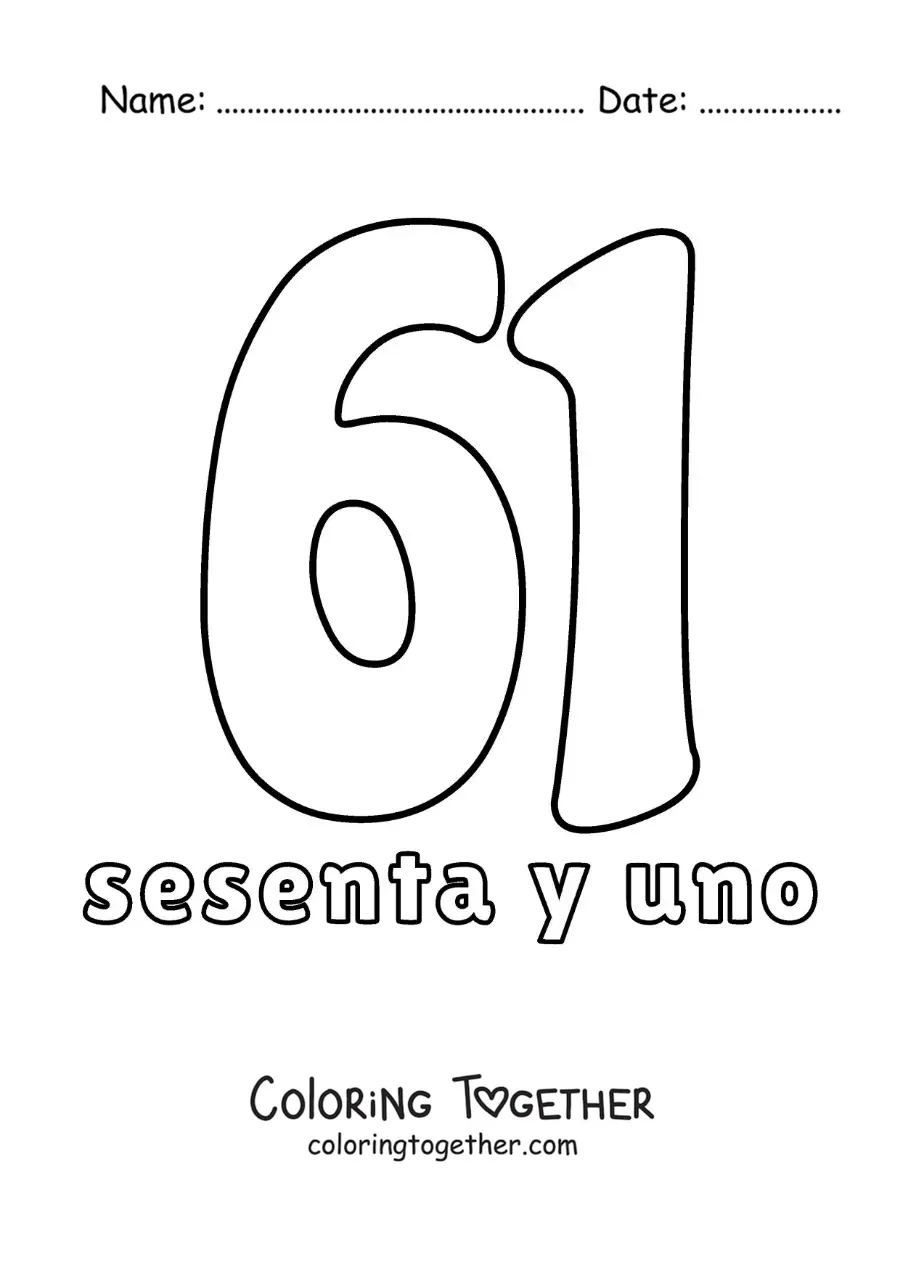 Coloring page of a number 61 flashcard to learn natural numbers