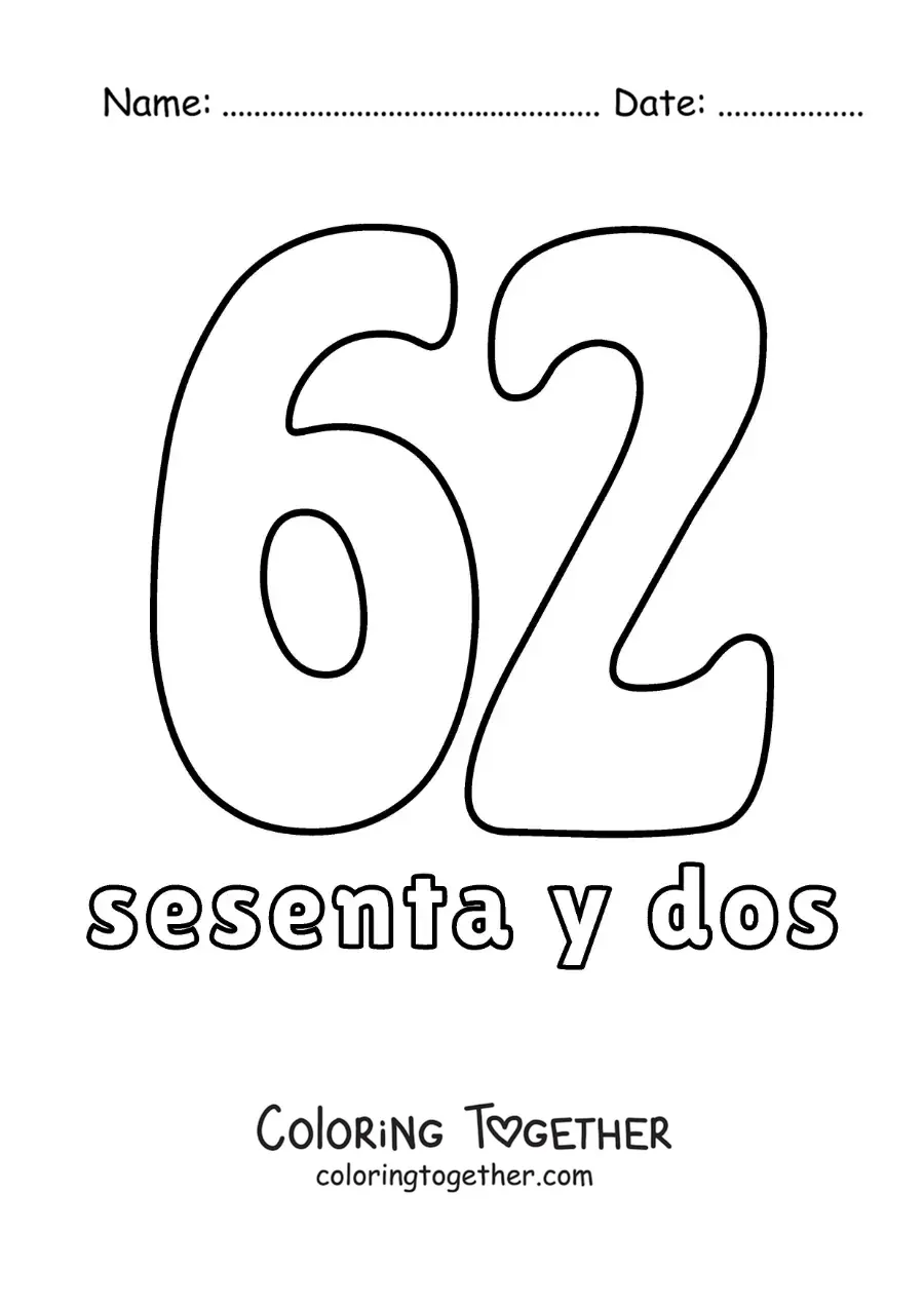 Coloring page of a number 62 flashcard to learn natural numbers