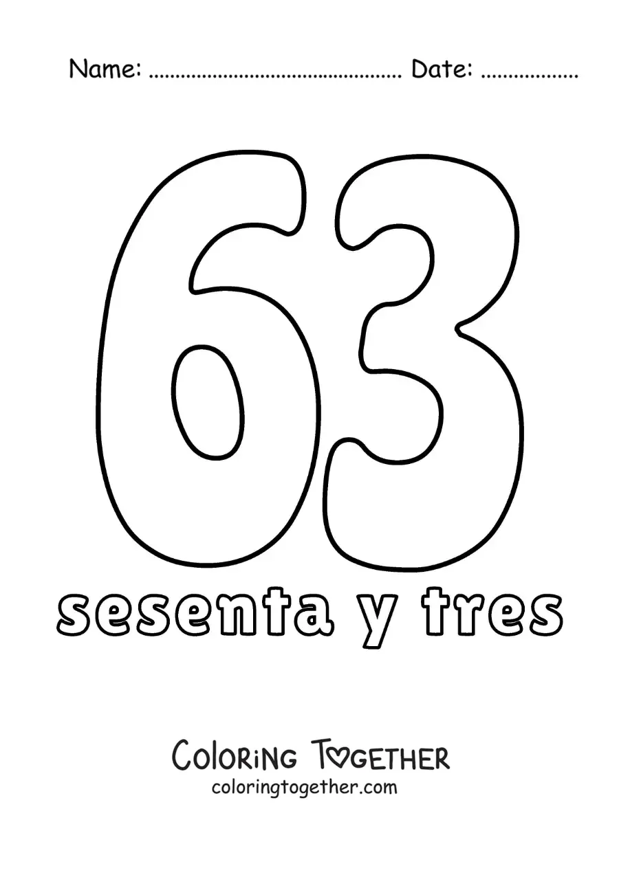 Coloring page of a number 63 flashcard to learn natural numbers