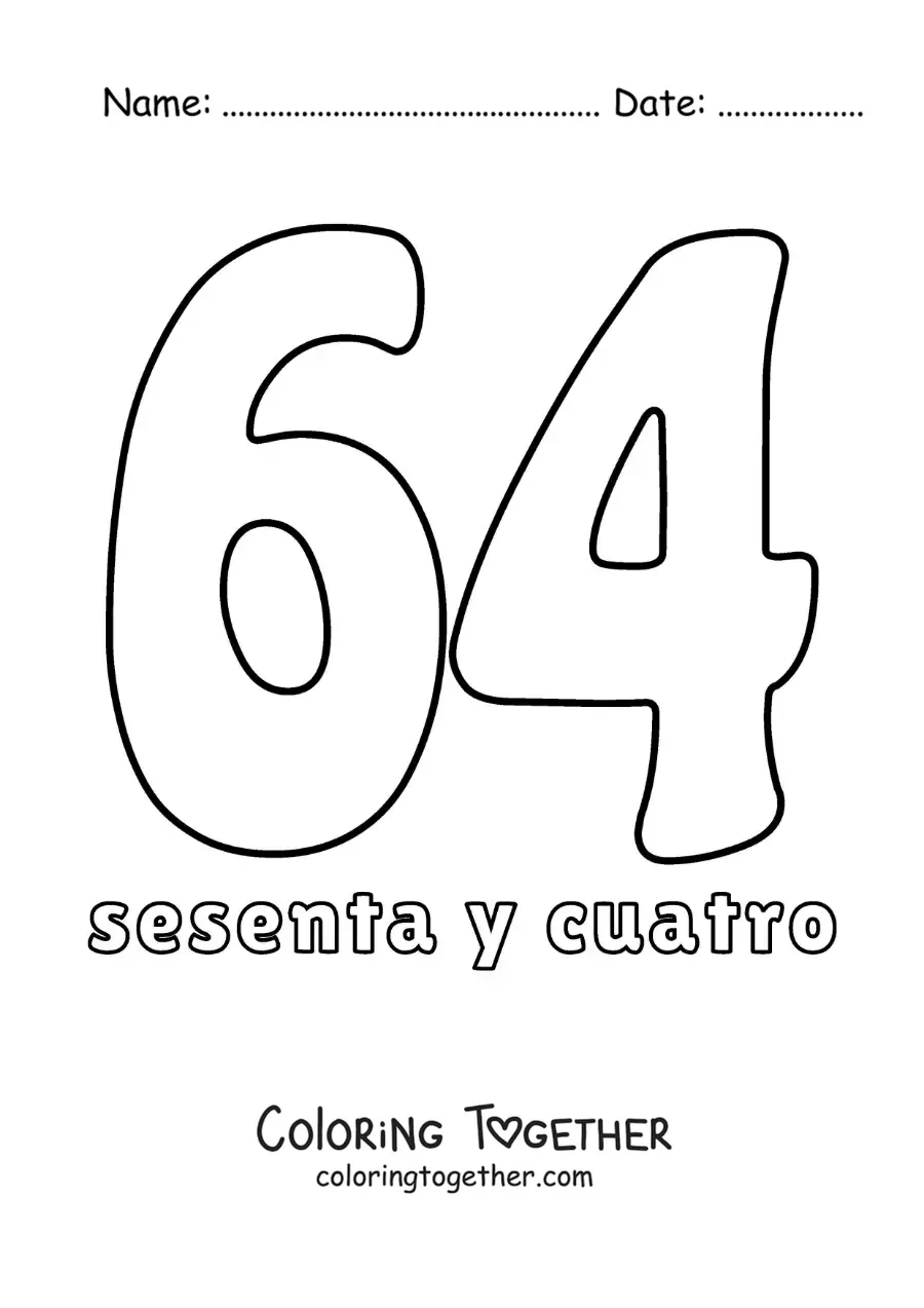 Coloring page of a number 64 flashcard to learn natural numbers