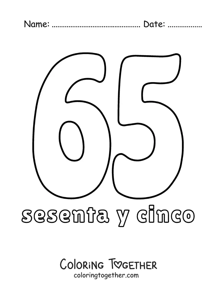 Coloring page of a number 65 flashcard to learn natural numbers