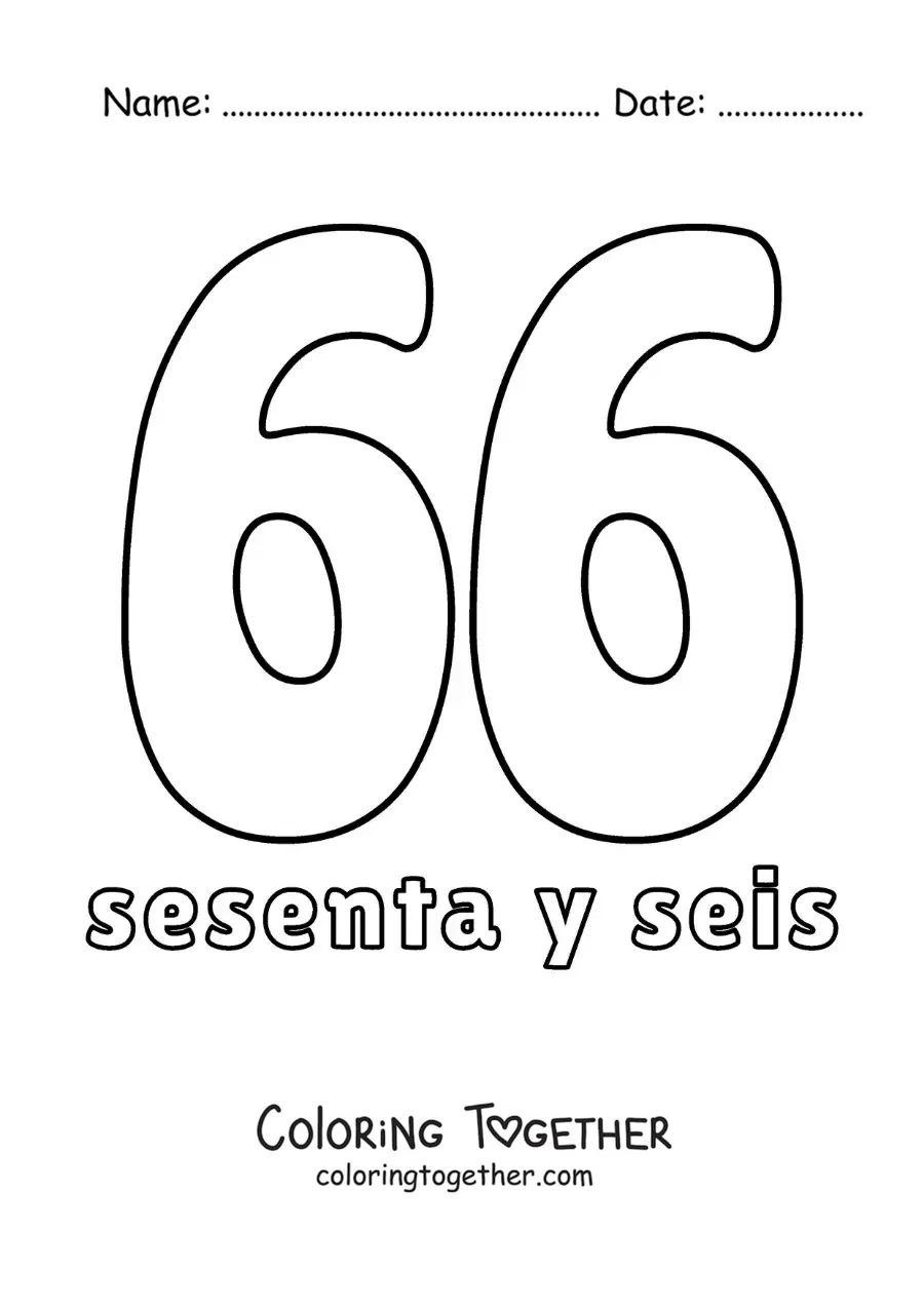 Coloring page of a number 66 flashcard to learn natural numbers