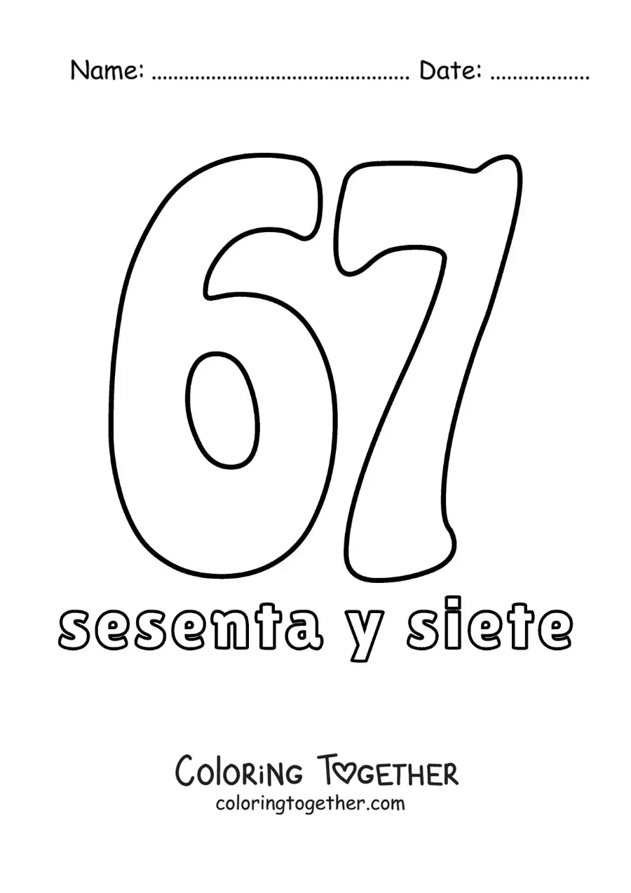 Coloring page of a number 67 flashcard to learn natural numbers