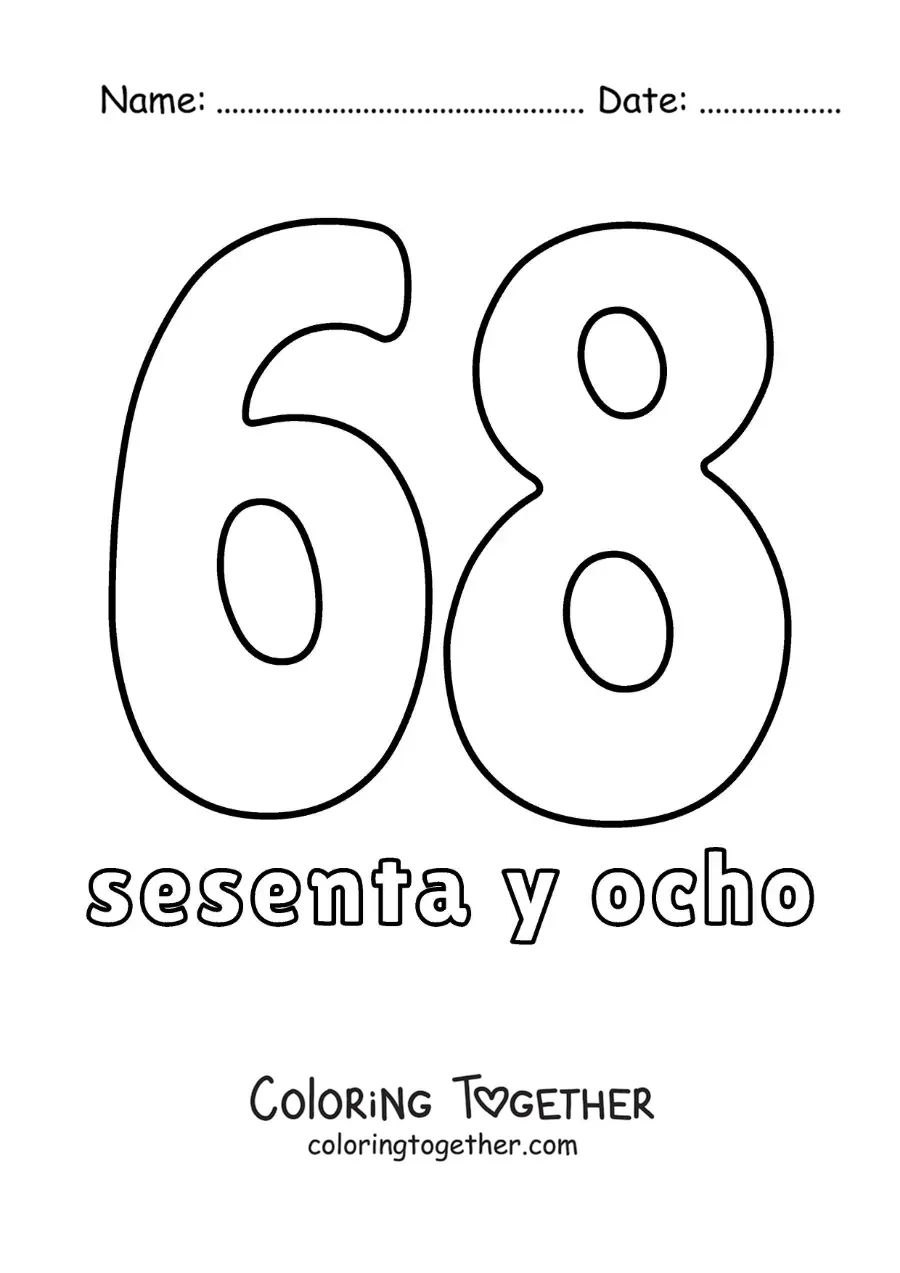 Coloring page of a number 68 flashcard to learn natural numbers