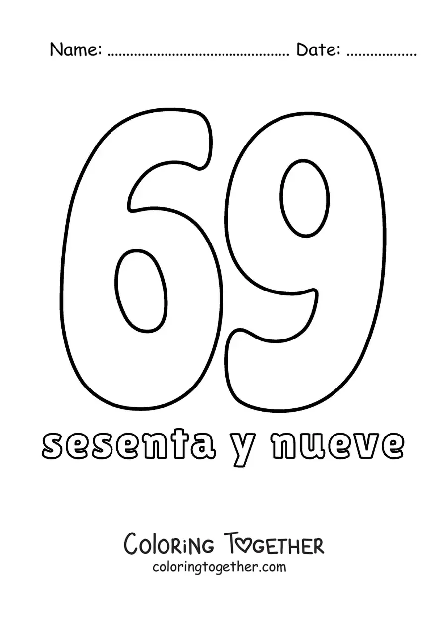 Coloring page of a number 69 flashcard to learn natural numbers