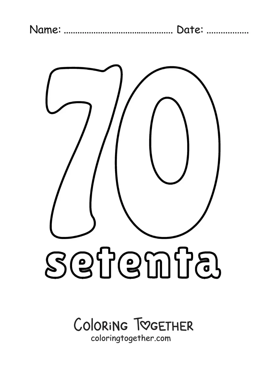 Coloring page of a number 70 flashcard to learn natural numbers