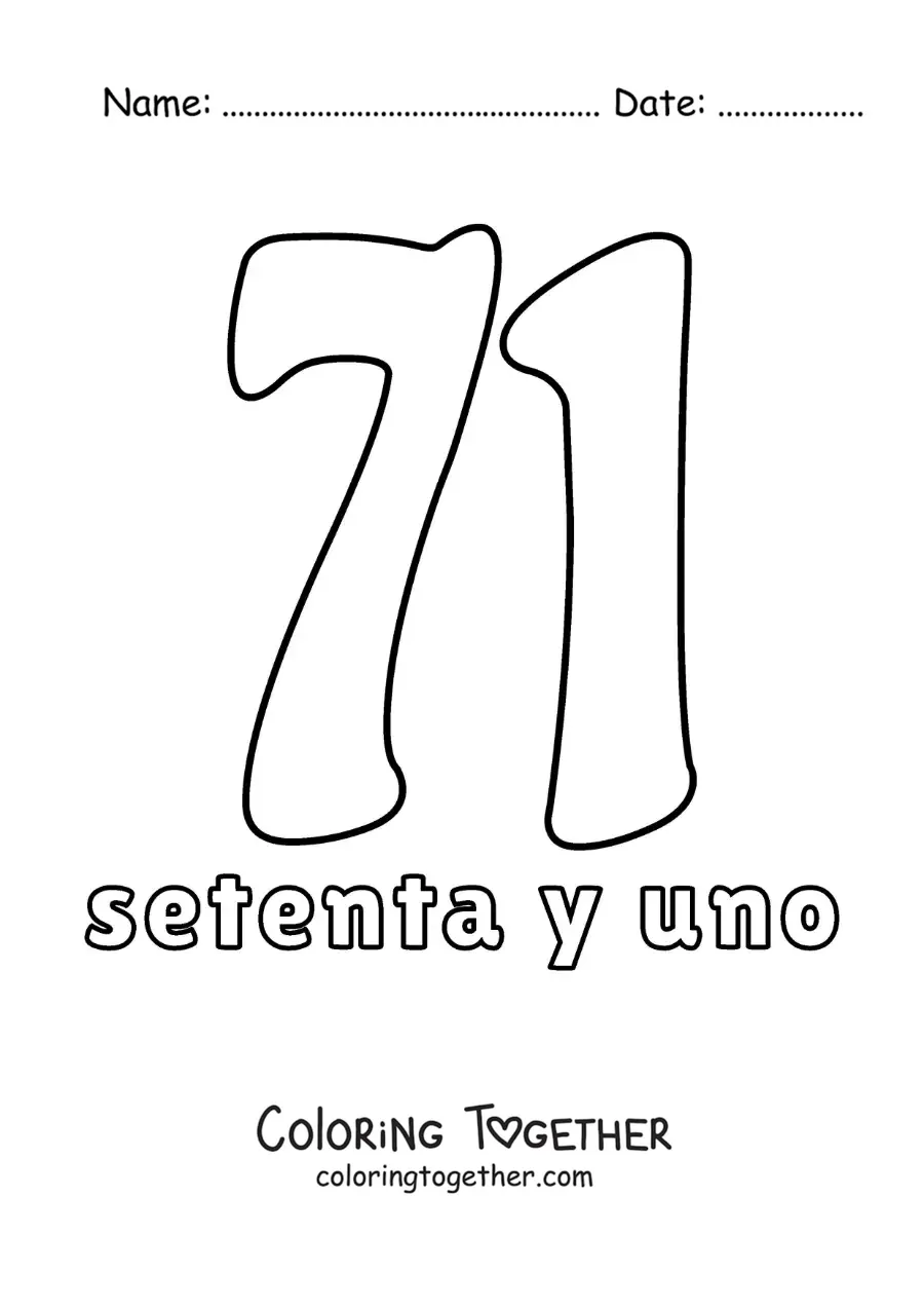 Coloring page of a number 71 flashcard to learn natural numbers