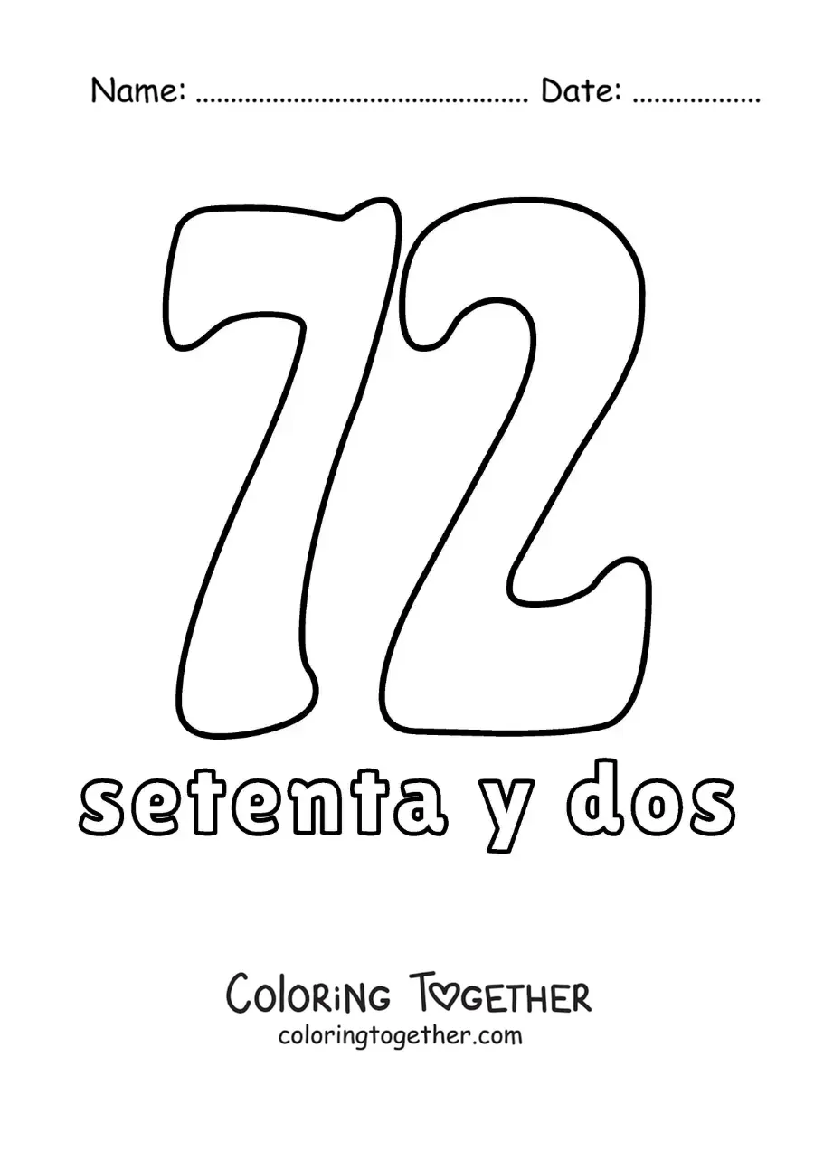 Coloring page of a number 72 flashcard to learn natural numbers