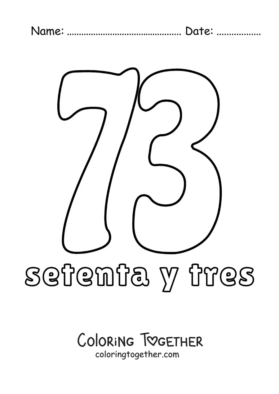 Coloring page of a number 73 flashcard to learn natural numbers