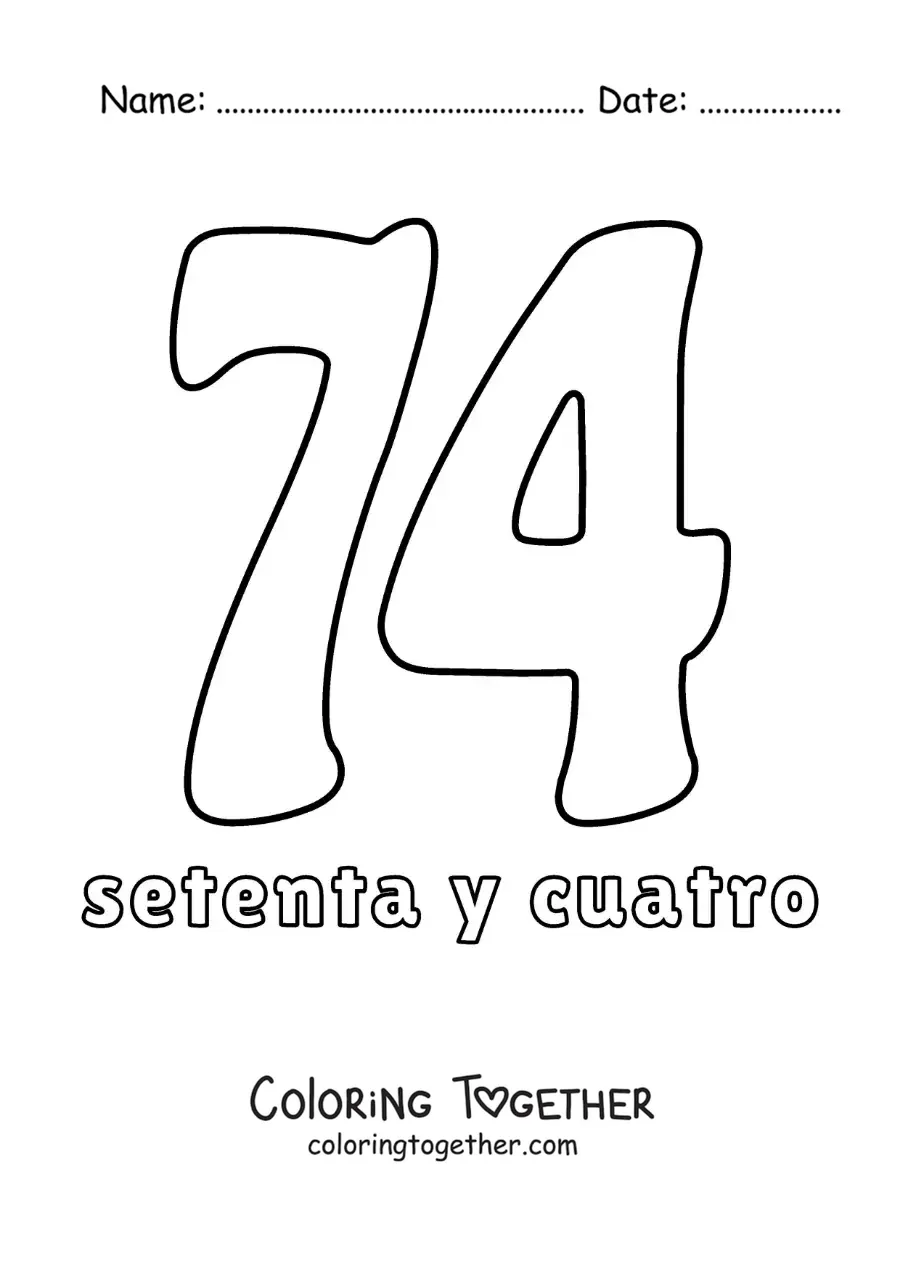 Coloring page of a number 74 flashcard to learn natural numbers
