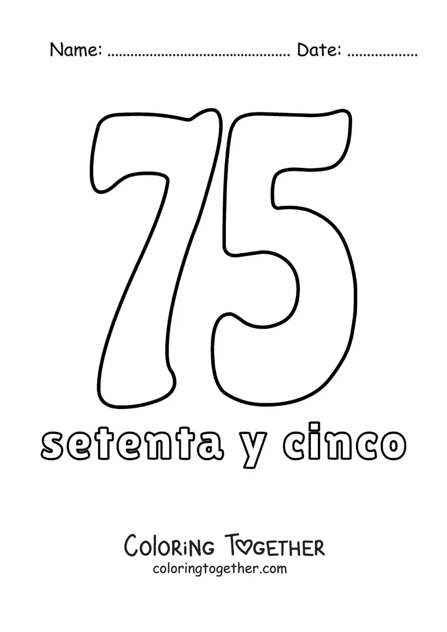 Coloring page of a number 75 flashcard to learn natural numbers