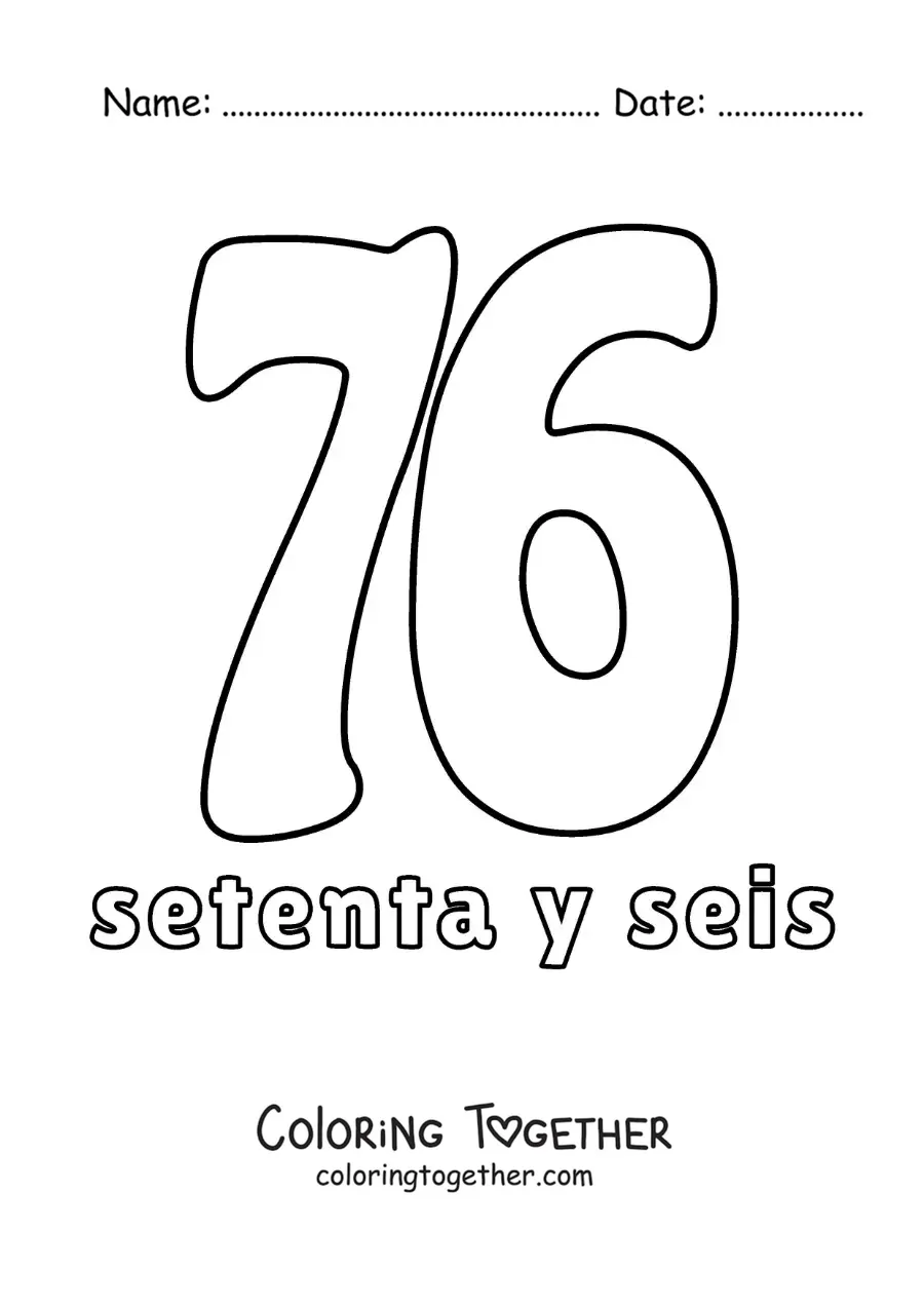 Coloring page of a number 76 flashcard to learn natural numbers