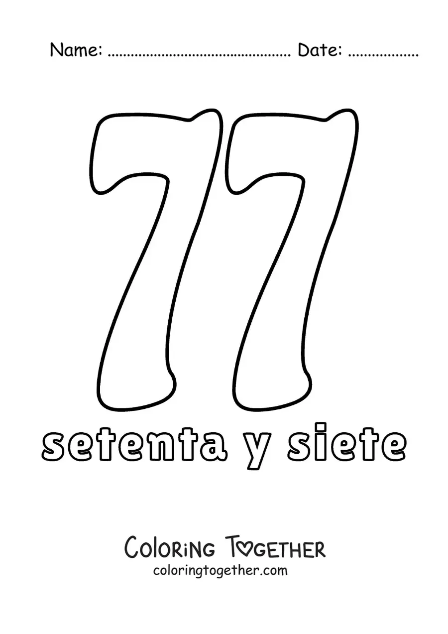 Coloring page of a number 77 flashcard to learn natural numbers