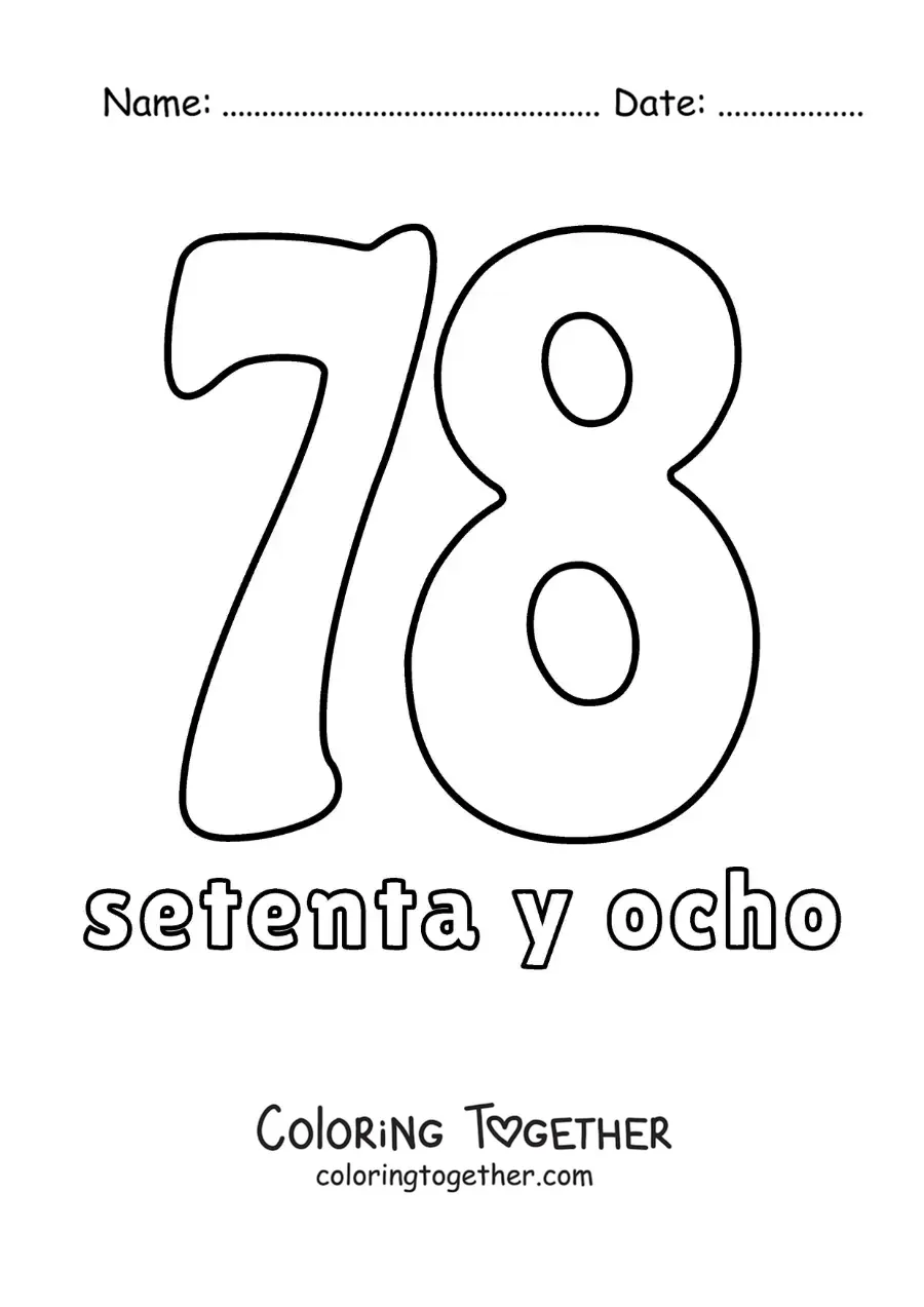 Coloring page of a number 78 flashcard to learn natural numbers