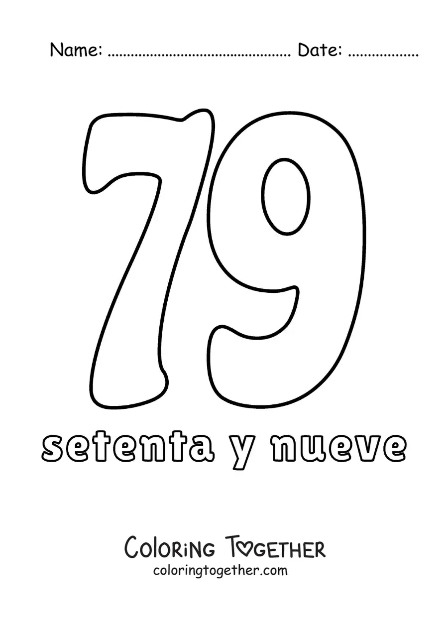 Coloring page of a number 79 flashcard to learn natural numbers