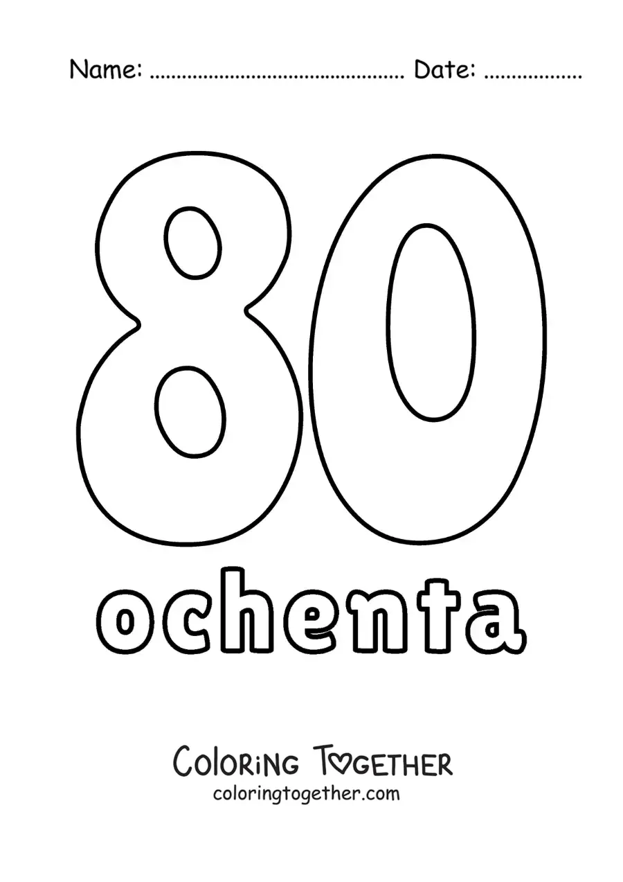 Coloring page of a number 80 flashcard to learn natural numbers