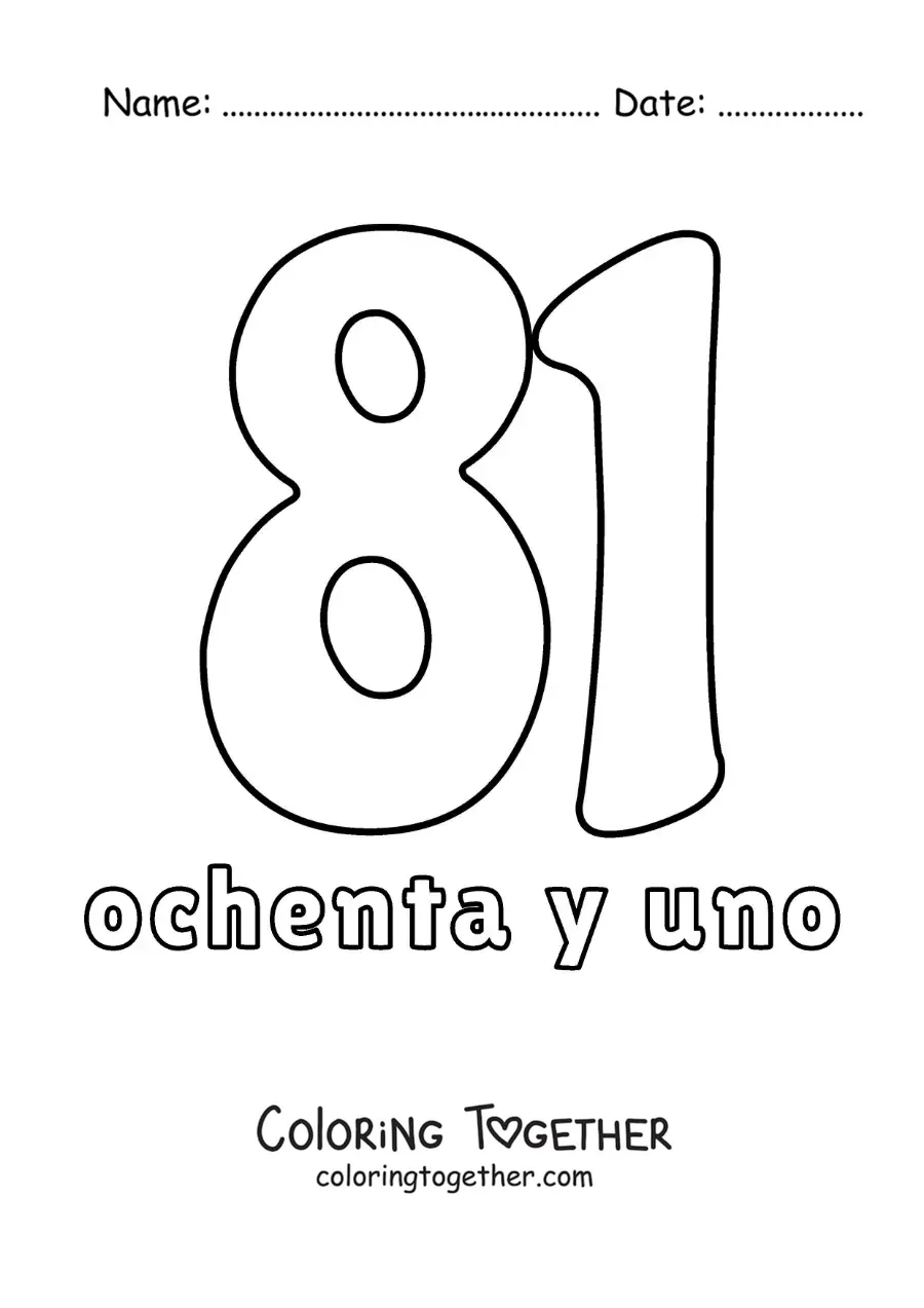 Coloring page of a number 81 flashcard to learn natural numbers