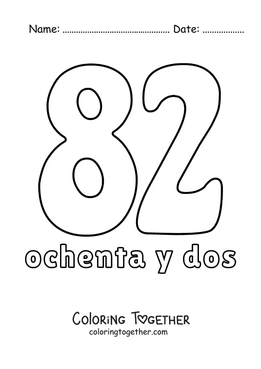 Coloring page of a number 82 flashcard to learn natural numbers
