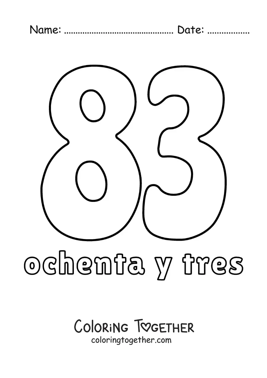 Coloring page of a number 83 flashcard to learn natural numbers