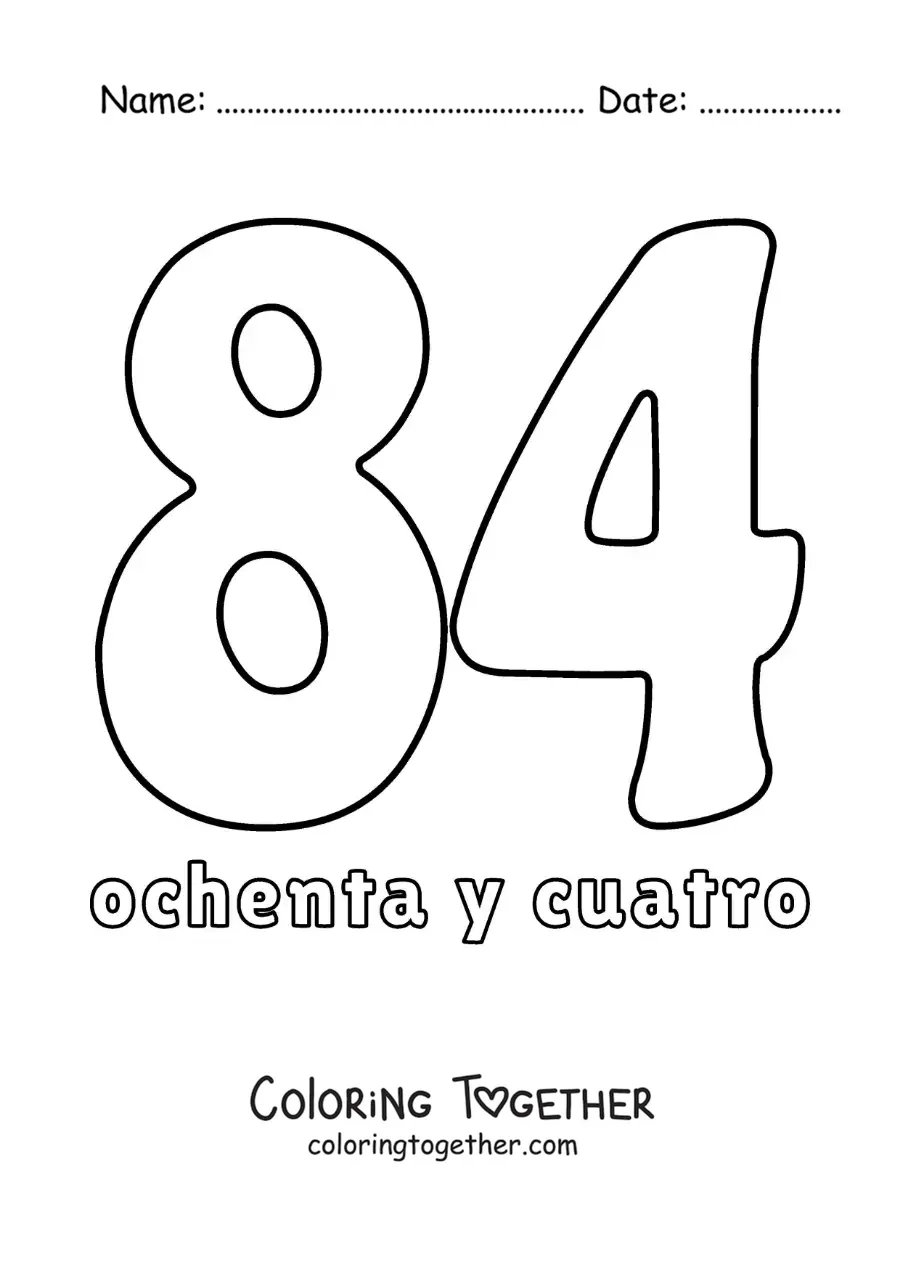 Coloring page of a number 84 flashcard to learn natural numbers